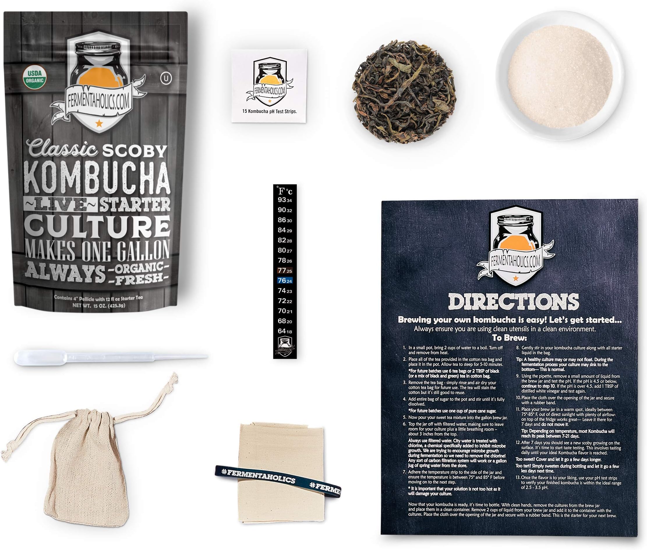 1-Gallon Kombucha Brewing Starter Kit | USDA Organic Kombucha SCOBY- Pellicle With 1.5 Cups Starter Tea | Organic Sugar | Organic Tea Blend| Thermometer | pH Strips | Breathable Cover and Rubber Band