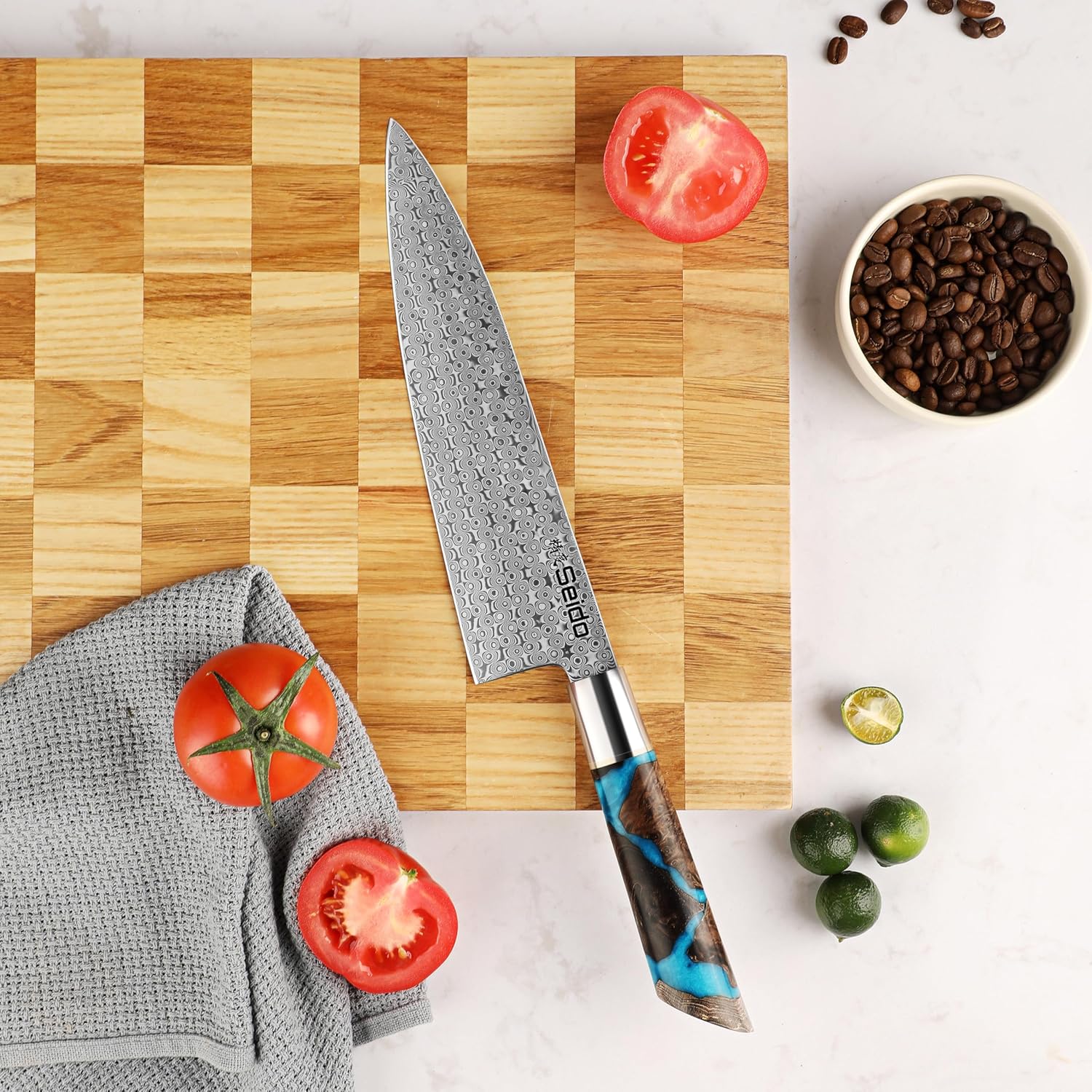 Seido Knives Shinko 5-Piece Damascus Knife Set – 110-Layer Damascus Steel | Hand-Forged Blades with Maple-Resin Handles