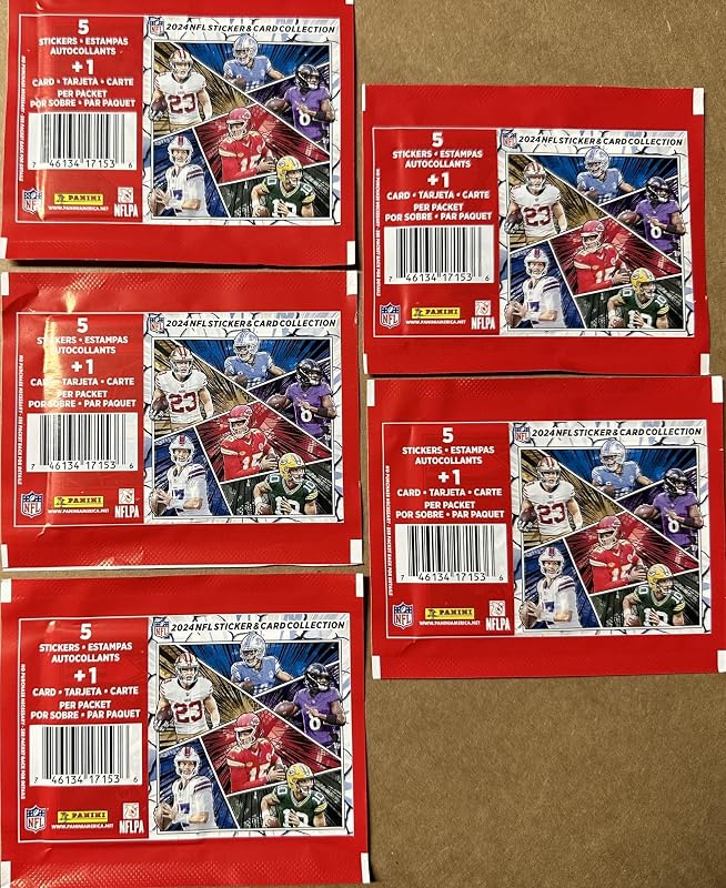 2024 Panini Football Sticker and Card Collection Gift Lot 5 Sealed Packs 25 Stickers and 5 Cards Total Possible Rookies and Stars Patrick Mahomes, Jayden Daniels, Bo Nix and Drake Maye Plus 2025