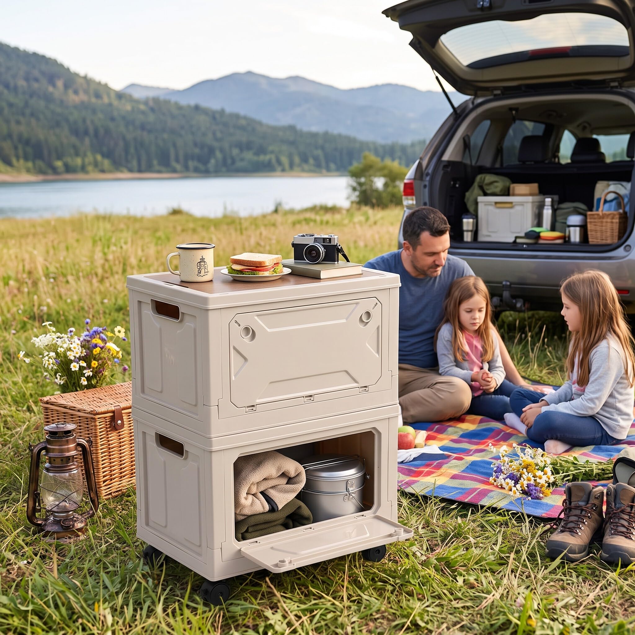Ejoyous Aufbewahrungsbox mit Deckel, 50L, Grau-weiß, Faltbare Campingbox mit 5 Rollen für Auto Kofferraum