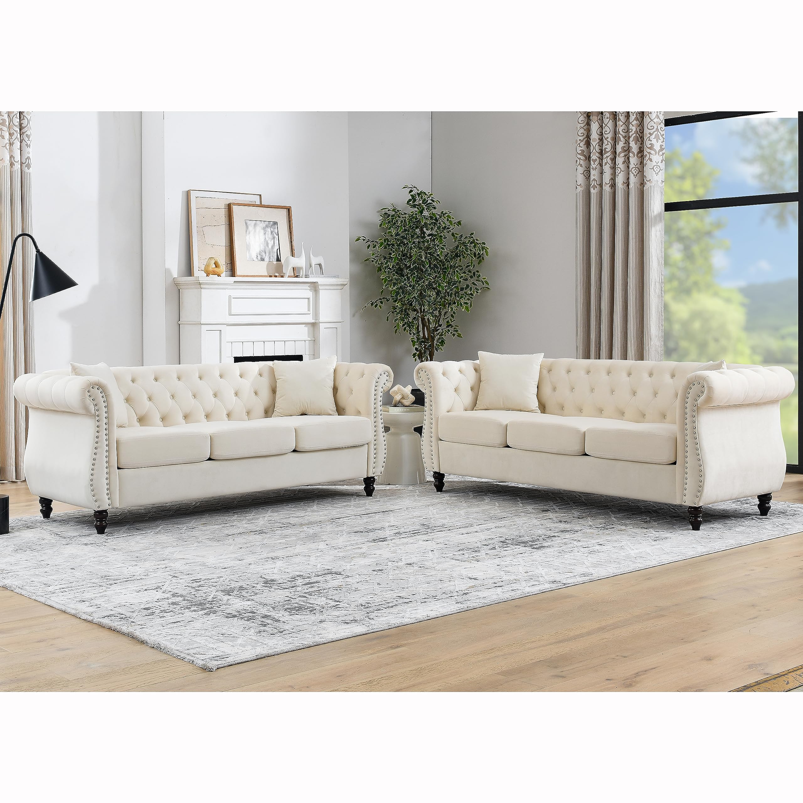 Photo 1 of **View Clerk Notes**KEIKI Chesterfield Sofa, Retro Style Upholstered 3+3 Seats Velvet Couch with Rolled Arm for Living Room Bedroom Office, Beige
