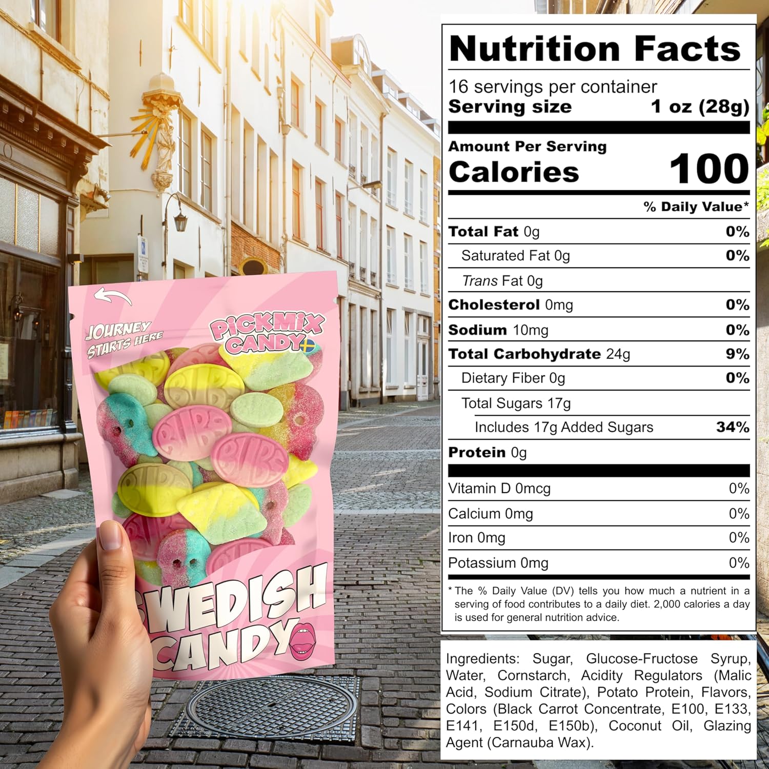 BUBS Swedish Candy Mix 1 Pound Bag With 6 Flavor Variety, Sweet & Sour Skulls, Ovals & Tutti Frutti Rombs