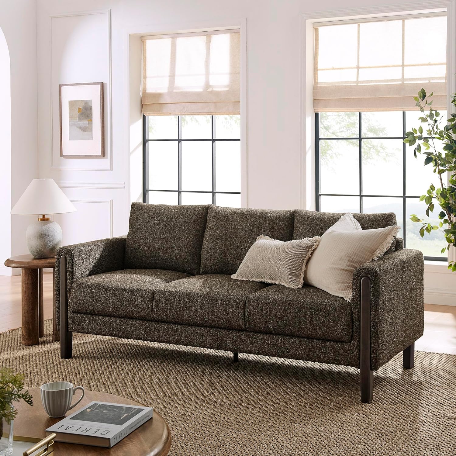 Modway Hawken 75 Inch Mid-Century Modern Boucle Sofa in Antique Espresso with Wood Legs – Comfortable 3-Seater Couch for Living Room, Apartment, or Office Lounge