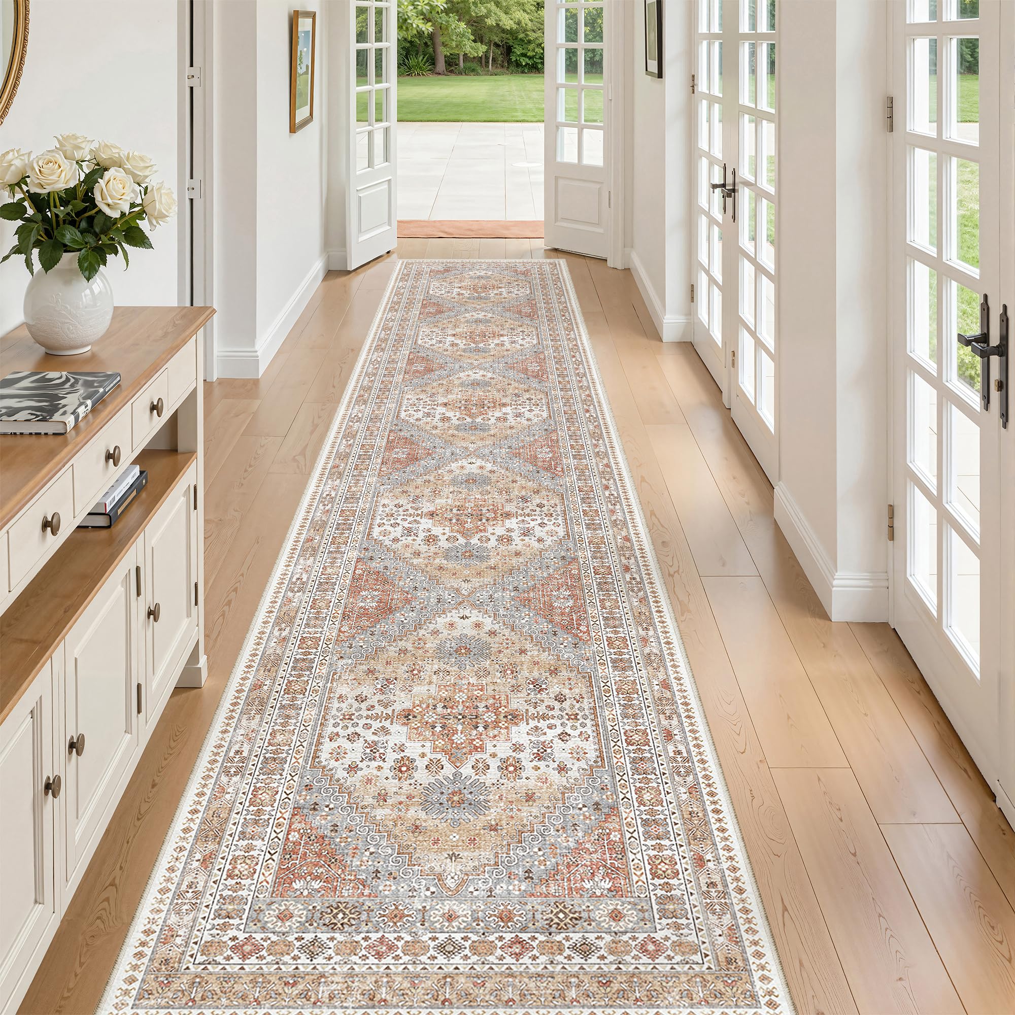 zesthome 2x12 Runner Rug Non Slip,Washable Hallway Runner Rug,Orange | Long Vintage Rugs for Kitchen,Entryway,Bedroom,Bathroom,Laundry Room,Thin,Soft Runner Rug,Stain Resistant Indoor Carpet