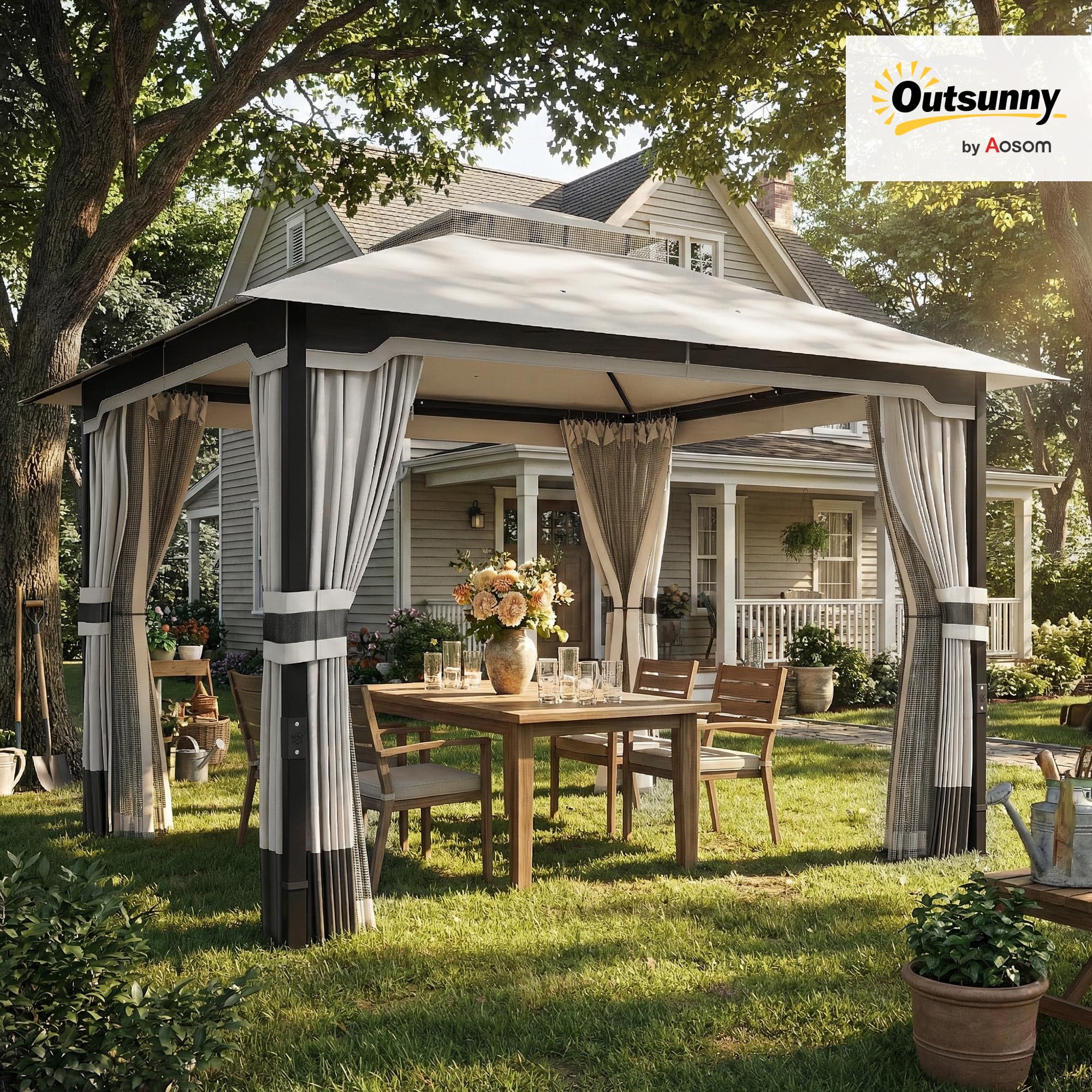 Outsunny Tonnelle de jardin 3x3,6 m, Pavillon de jardin Gazebo avec double toit, 4 parois latérales et moustiquaire, structure métallique, drainage, tente pour extérieur, terrasse, patio, gris clair