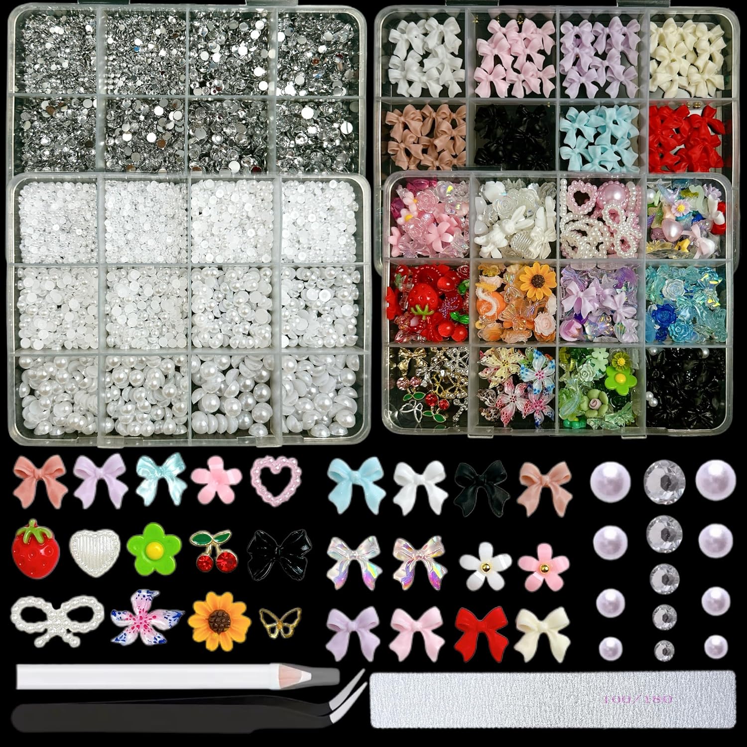 3D Mix Bow Nail Charms and Gems, Colorful Flowers Butterfly Rhinestones for Nails Diamond Art, Flatback Pearls Heart Cherry Nail Art Charms for Acrylic Nail Decorations