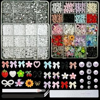 3D Mix Bow Nail Charms and Gems, Colorful Flowers Butterfly Rhinestones for Nails Diamond Art, Flatback Pearls Heart Cherry Nail Art Charms for Acrylic Nail Decorations