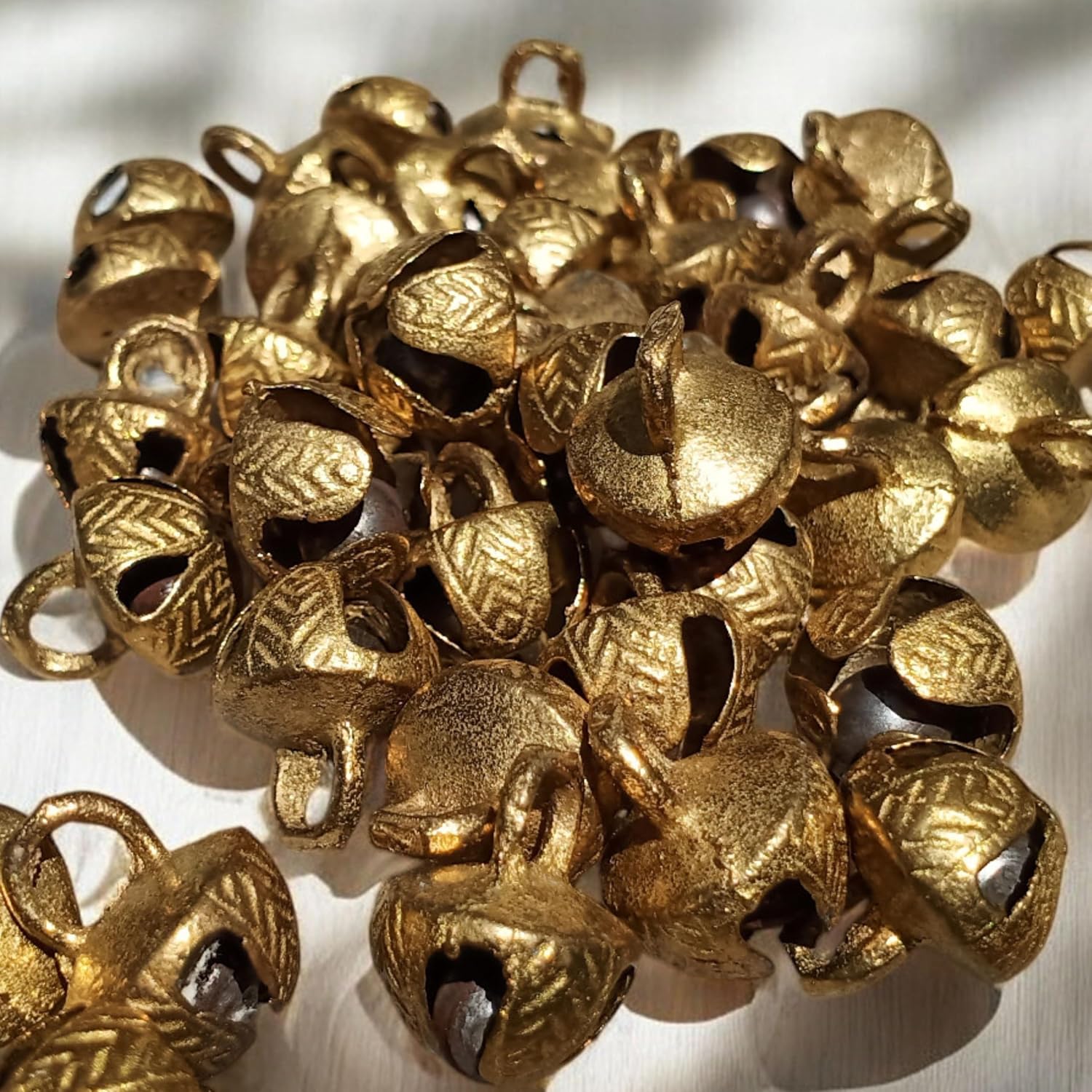 Golden Bells,Gold Jingle Bells Balls,Handmade Bells,Tribal Bead,Special Cross Cut Bell,Antique Brass Boho Beads Petal Bells 100 Piece Ghunghru, Showing as Image, I-5989