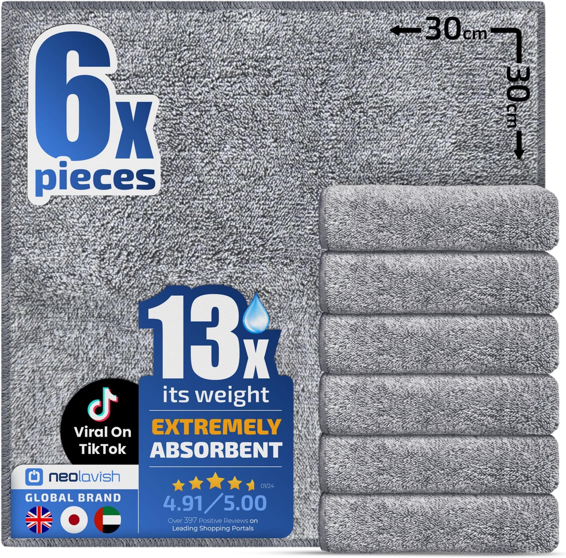 Neolavish® Microfiber Cleaning Cloth for Kitchen - 6 Pack | Super Absorbent Dish Towels for Home Cleaning | Lint-Free Wiping and Drying Clothes - 30x30 cm