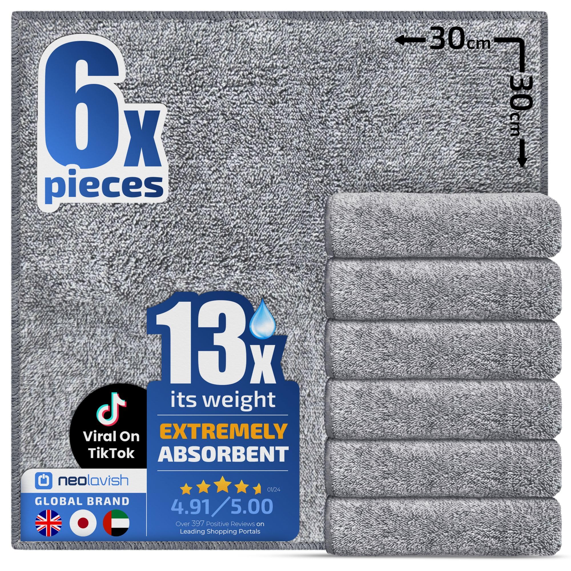 Neolavish® Microfiber Cleaning Cloth for Kitchen - Super Absorbent Dish Towels for Wiping & Drying | Lint-Free, 30x30cm 6-Pack