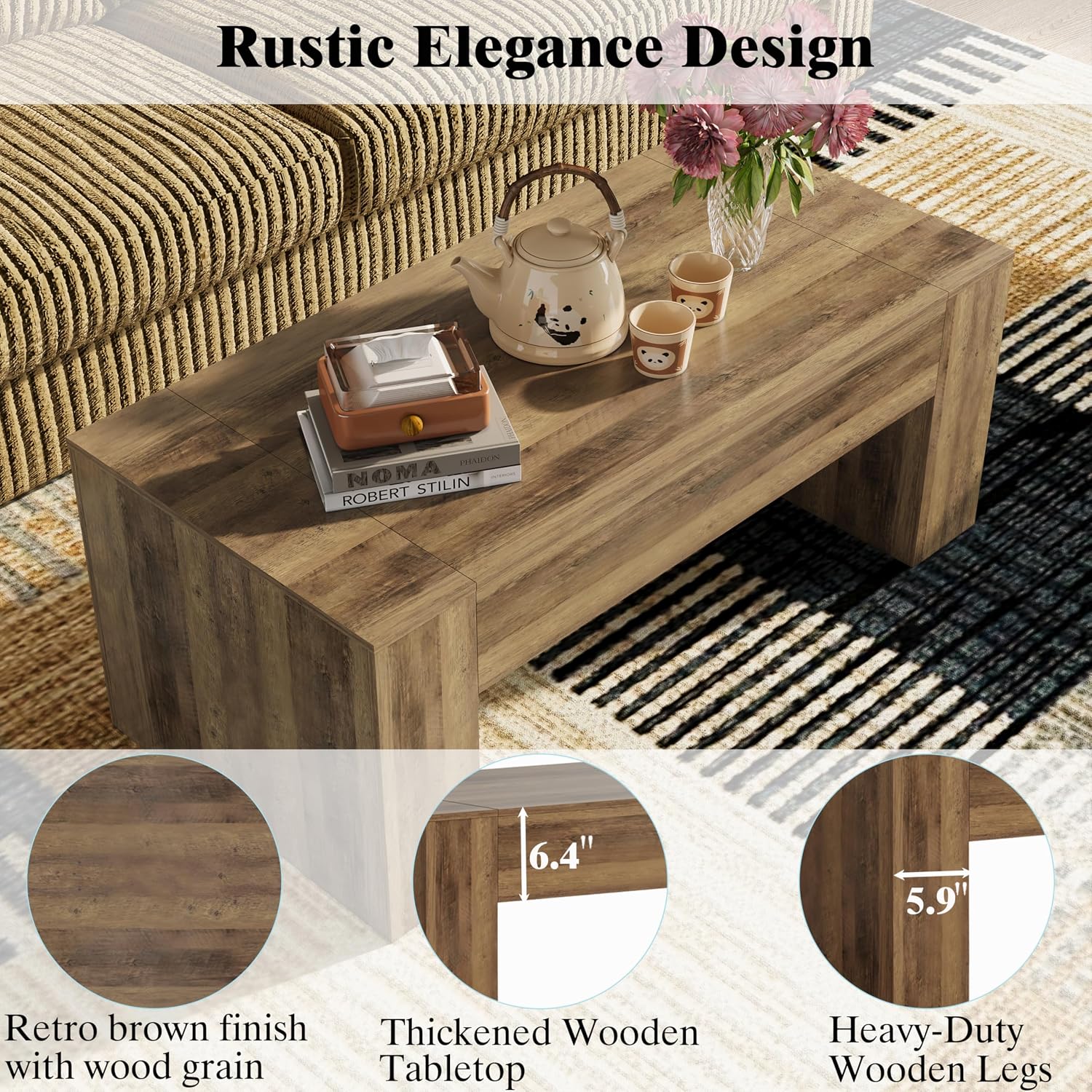 45“ Wood Rectangle Coffee Table,Brown Center Table for Living Room | Large Farmhouse Coffee table with Thick Stable Legs,Rustic accent center table with easy clean wooden top for Home