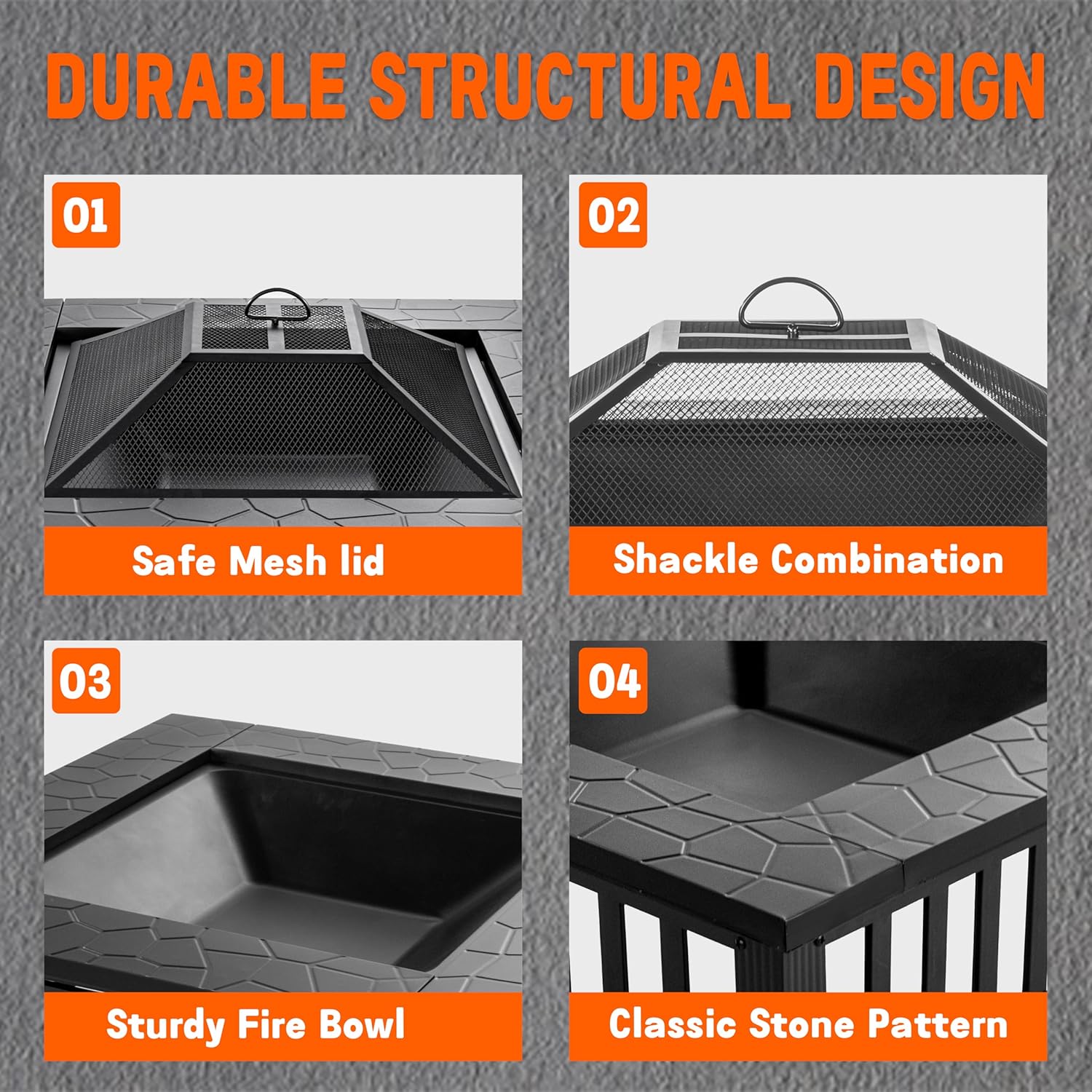 36 inch Fire Pit, Square Outdoor Fire Pit Table with Spark Screen & Fire Poker, 3-in-1 Multipurpose Firepits for Outside, Fireplace for Yard, Garden, Patio - Image 4