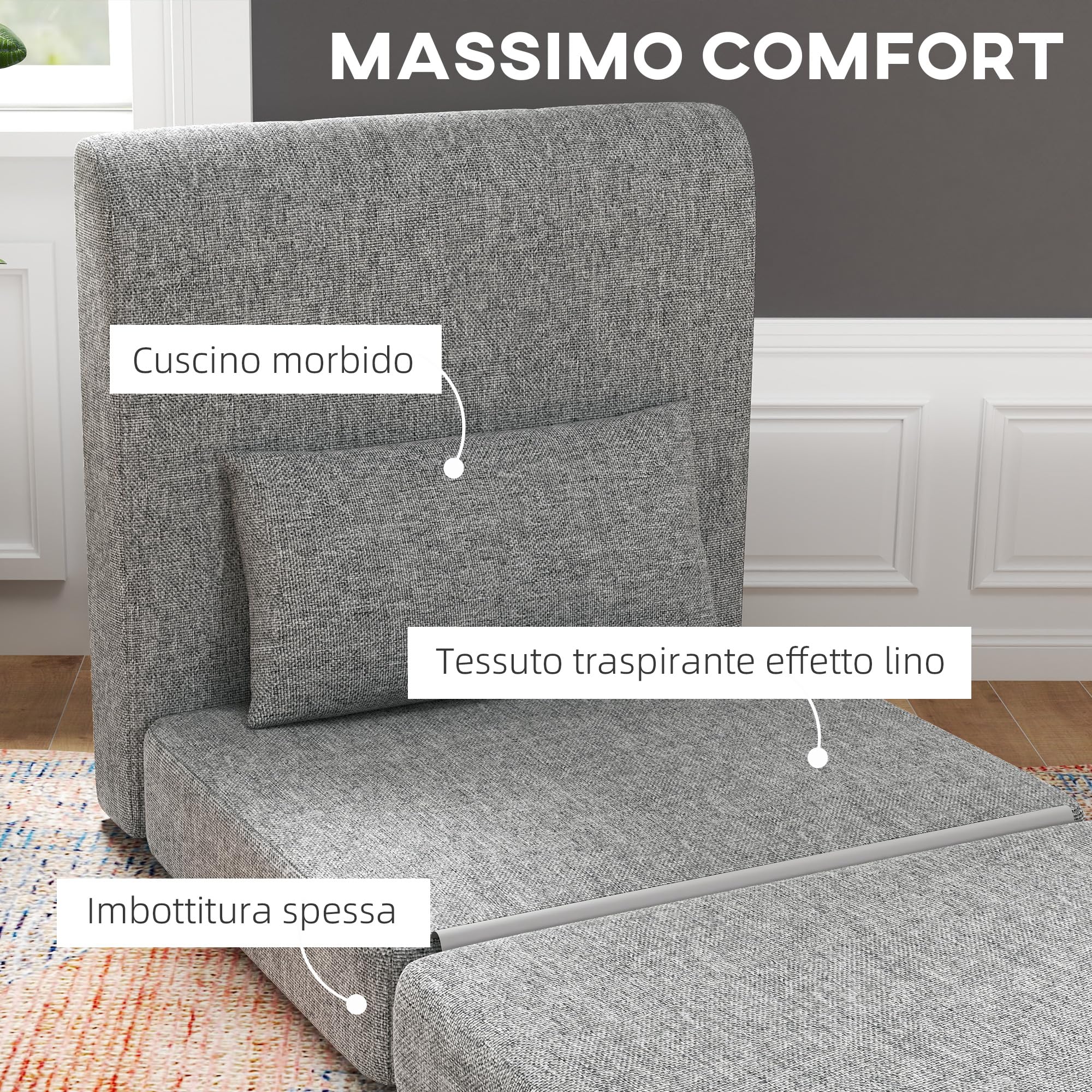 HOMCOM Poltrona Letto Pieghevole a 3 Sezioni, Poltrona da Terra 2 in 1 Chaise Longue Salvaspazio, per Camera da Letto, Soggiorno e Ufficio, 80x75x74 cm, Grigio