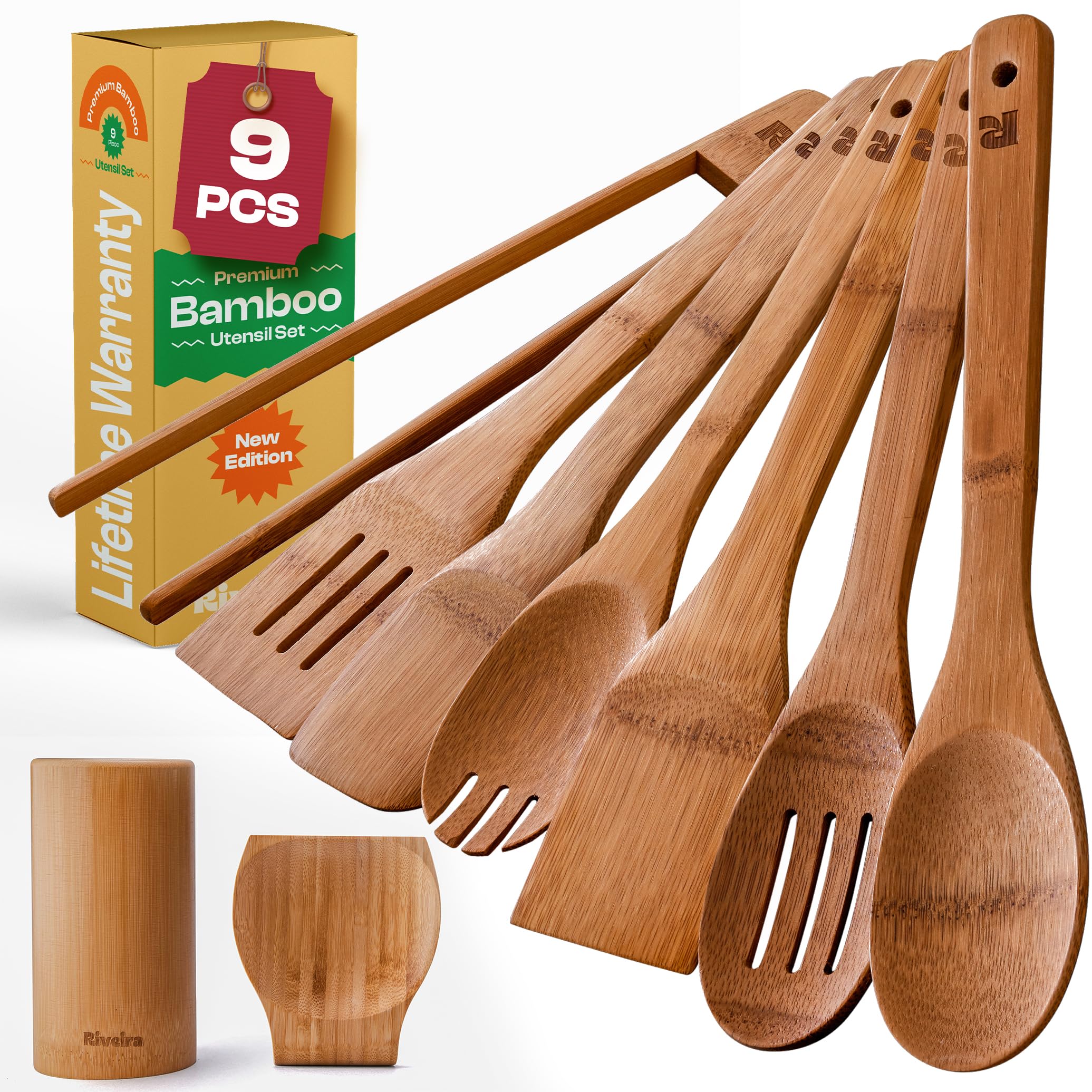 Riveira Dark Bamboo Wooden Spoons for Cooking 9-Piece with Holder, Apartment Essentials Wood Spatula Spoon Nonstick Kitchen Utensil Set Premium Quality Housewarming Gifts for Everyday Use