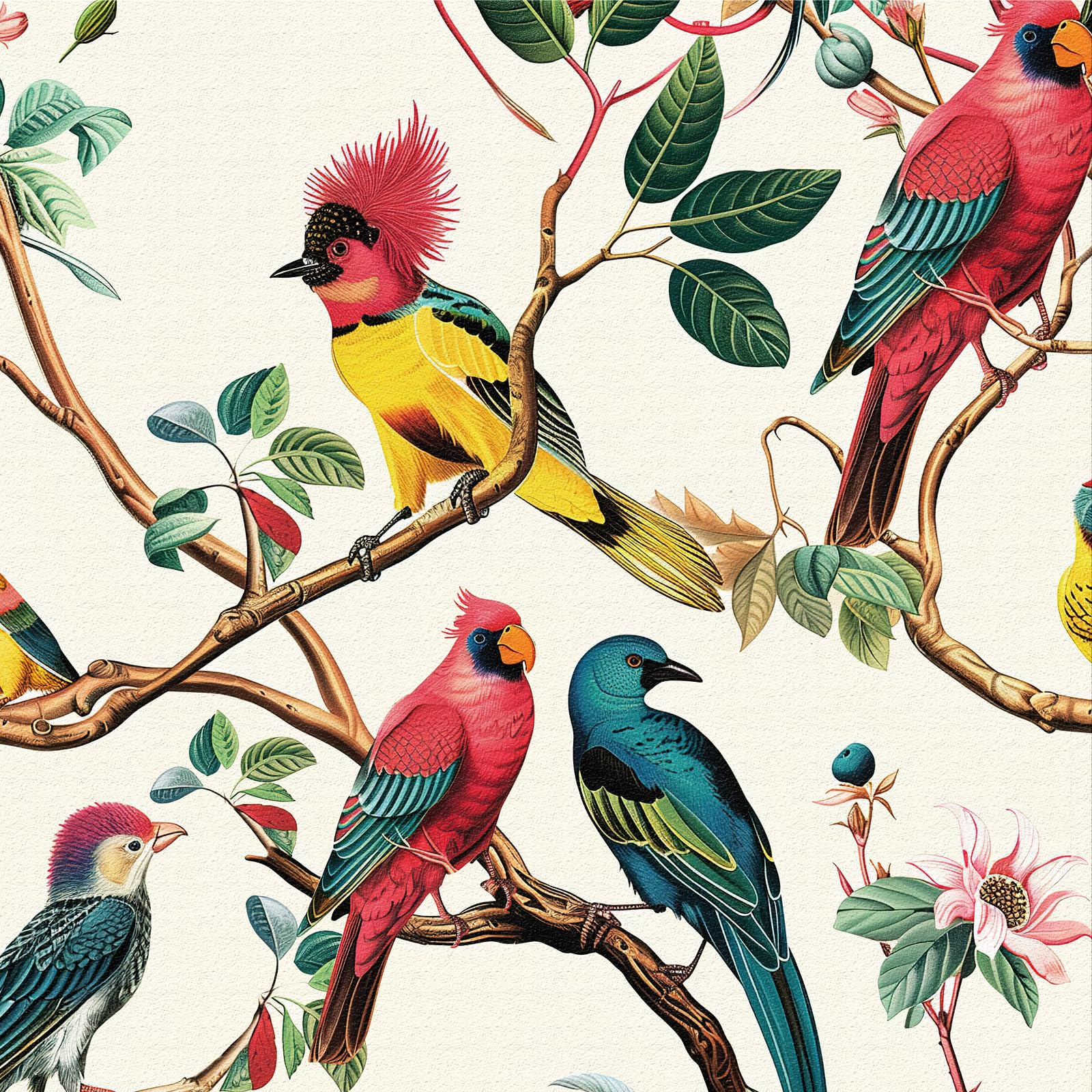 Self Adhesive Wallpaper Birds Flowers, 44 x 600 cm Peel and Stick Wallpaper Floral Birds Colorful Bird Pink Flowers Green Leaf Tree Self Adhesive Furniture Wrap for Living Room,Bathroom,Cabinets — image 1