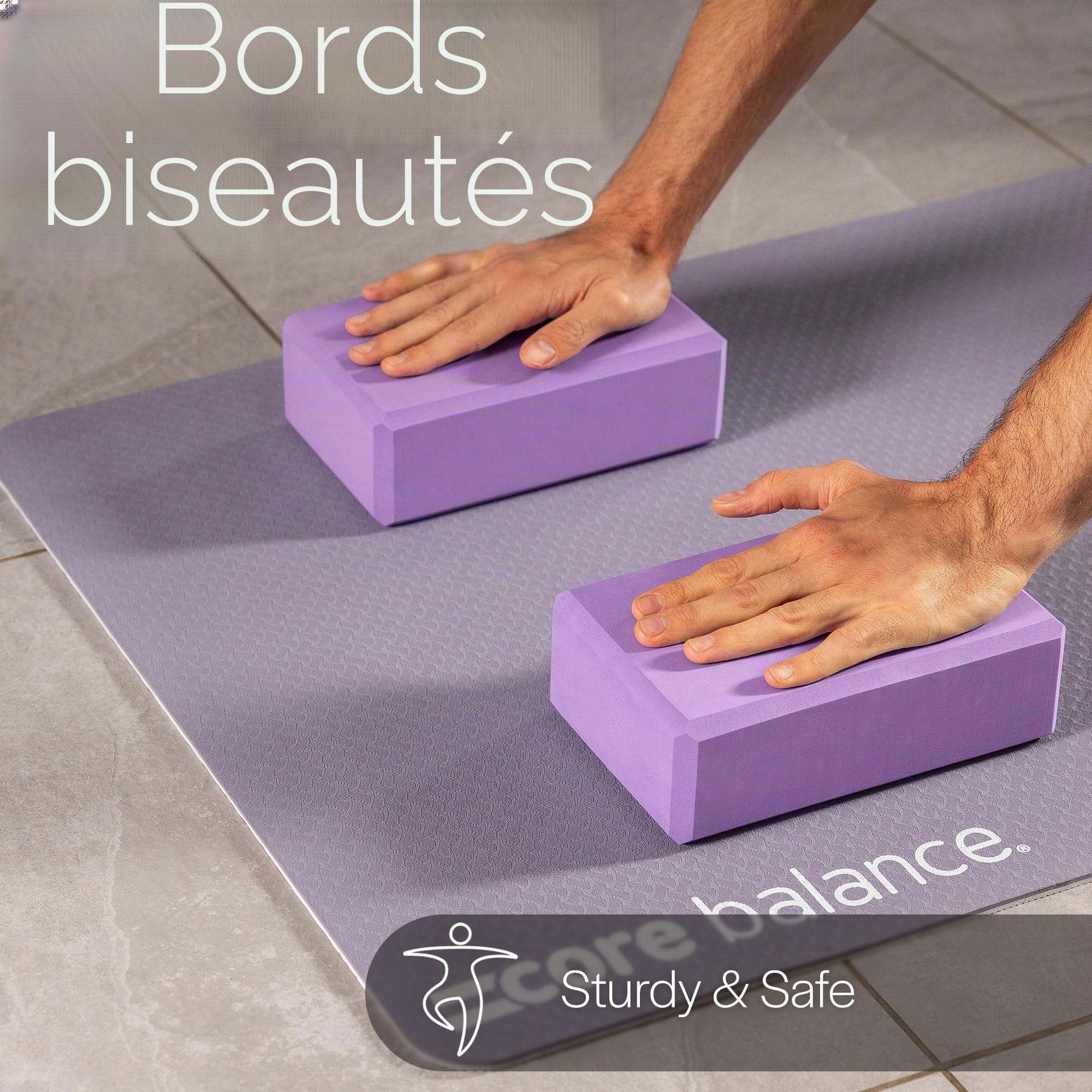 Core Balance - Lot 2 Blocs de Yoga + 1 Sangle - Brique Confort, Robuste, Légère en Mousse EVA Haute Densité pour Stretching, Fitness, Pilates - Ceinture Coton avec Boucle de Serrage D, 5 Couleurs