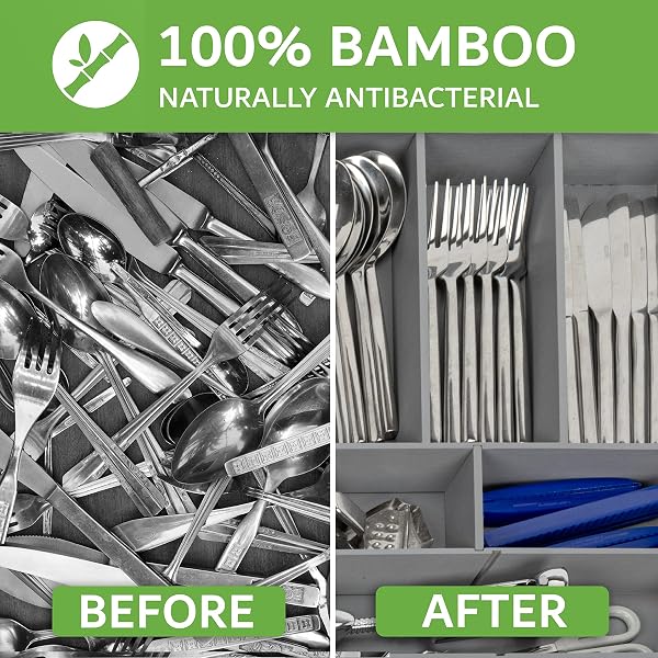 Bamboo Cutlery Tray Drawer Organizer - Kitchen Drawer Organizer with 5 Removable Dividers [6 to 13 Compartments] - Length 34 to 50 cm (White) - 3