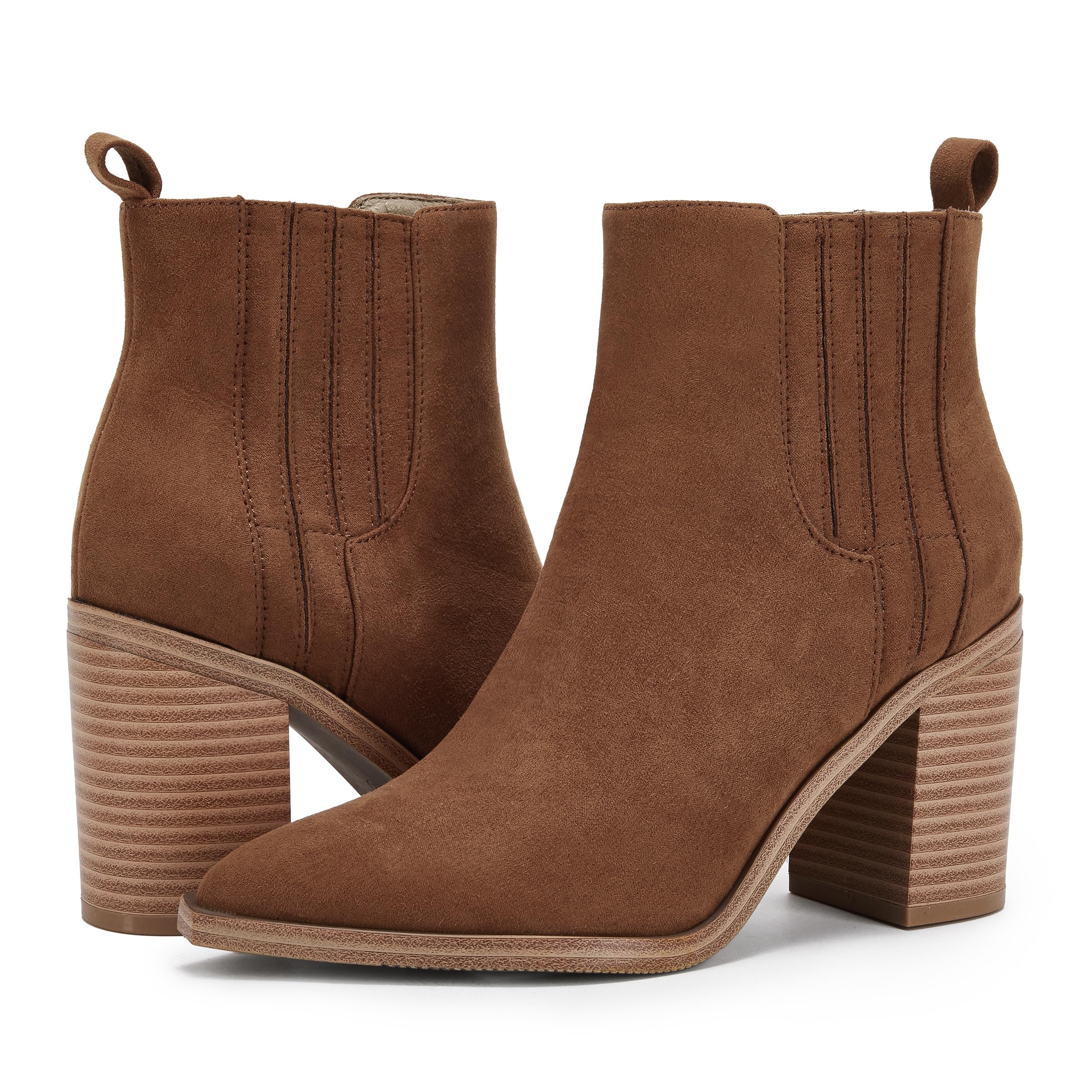 Womens Ankle Boots Slip on Pointed Toe Chunky Block Mid Heel Leather Elastic Panel Casual Chelsea Western Booties