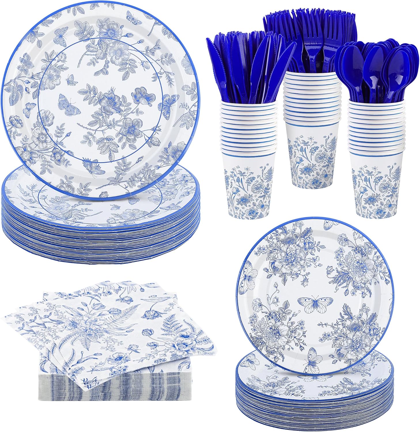 Kochorie 350 PCS Blue Floral Party Supplies Set for 50 Guests Includes White & Blue Floral Plates Cups Napkins Utensils for Spring Dinner, Garden Party, Birthday, Disposable Tableware