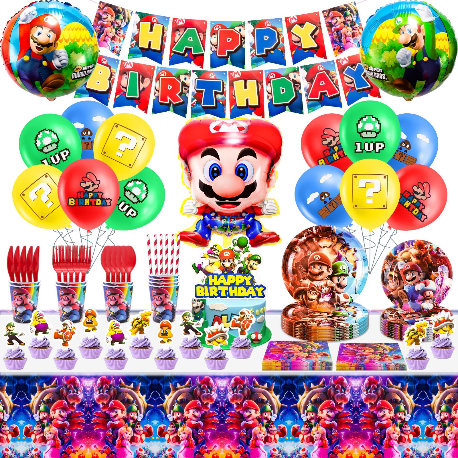 132Pcs Party Decorations with Mar-io Party Tableware Set Party Supplies, Super Brother Movie Theme Birthday Banner Plates Cups Balloon and Napkins Tablecloth Bros Cake Topprs Set for Kids Party