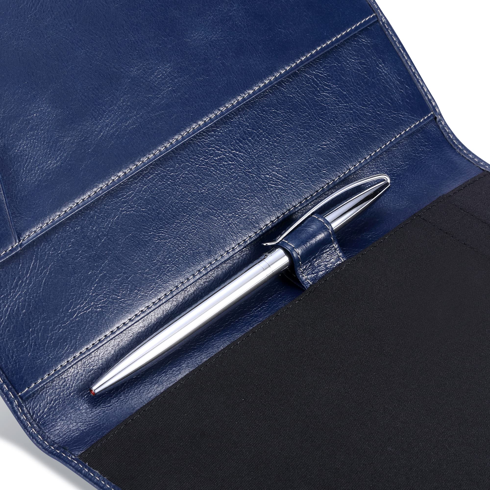 Carpeta de cuero para hombres y mujeres con lazo para bolígrafo, piel de becerro italiana, carpeta de negocios (azul envejecido)