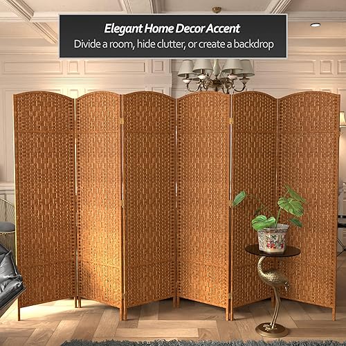 Miniatura 82 de Divisor de ambiente resistente de 6 pies, pantalla de privacidad plegable de fibra de ratán con patrón de diamante, Madera, Natural Natural,Mocha