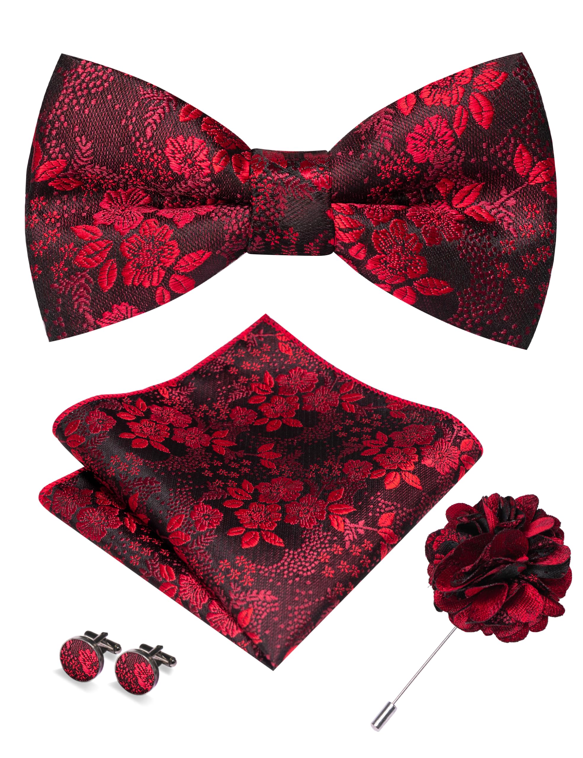 JEMYGINS Floral Pre-tied Bow Tie and Pocket Square Cufflinks Lapel Pin Sets for Men 4PCS