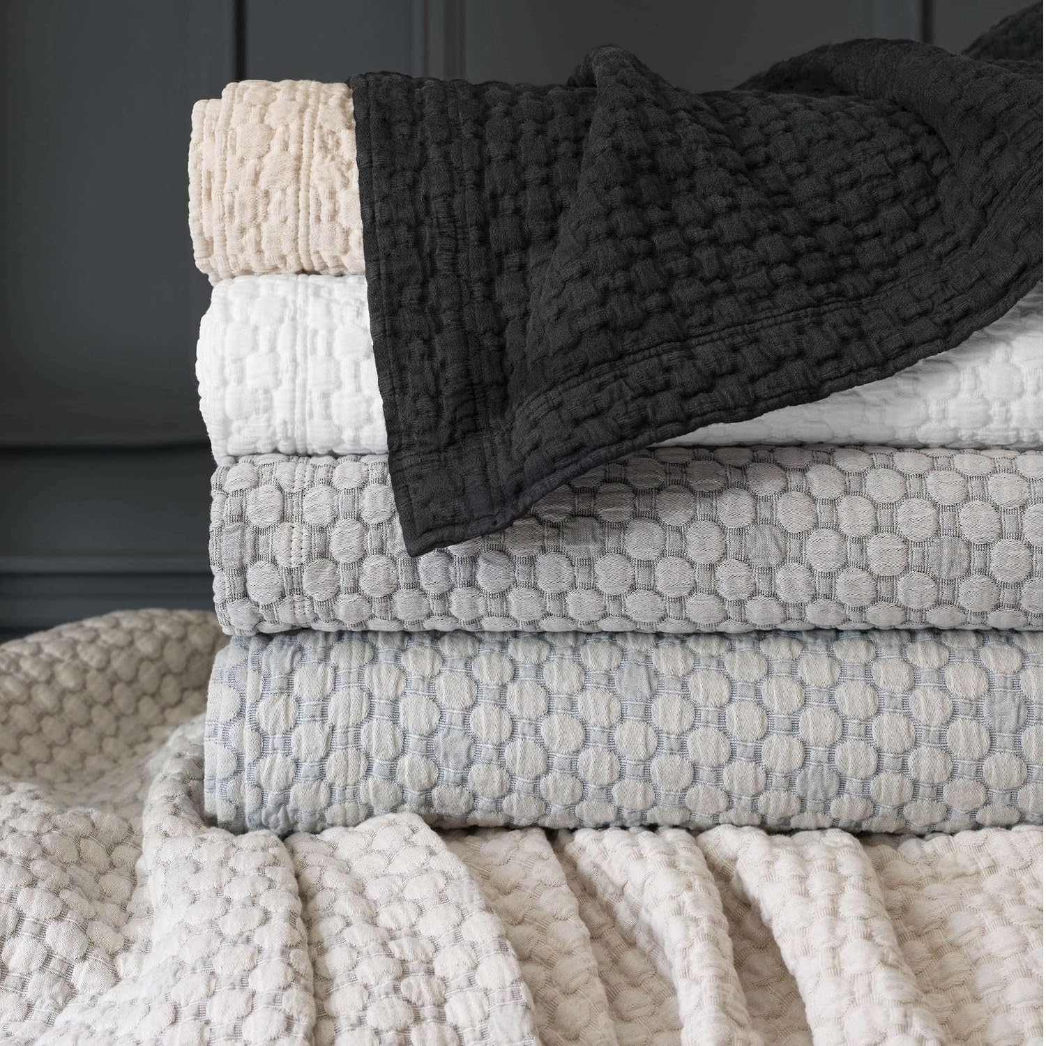Pine Cone Hill Lodi, Black, Solid, Queen Sized, Matelassé Coverlet,100% Cotton, Stonewashed Texture, Made in Portugal, Year-Round Lightweight Bedding