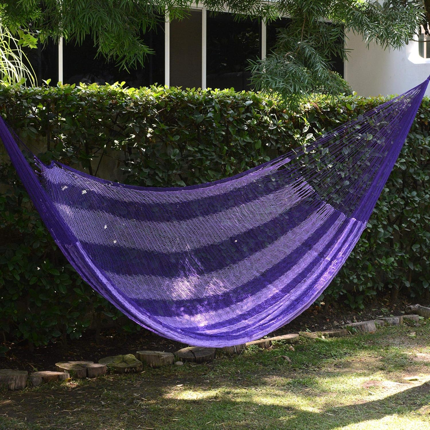 NOVICA Bright Purple Striped Hand Woven Nylon Mayan 2 Person XL Rope Hammock with Hanging Accessories, 'Lilac Blossom' (Double)