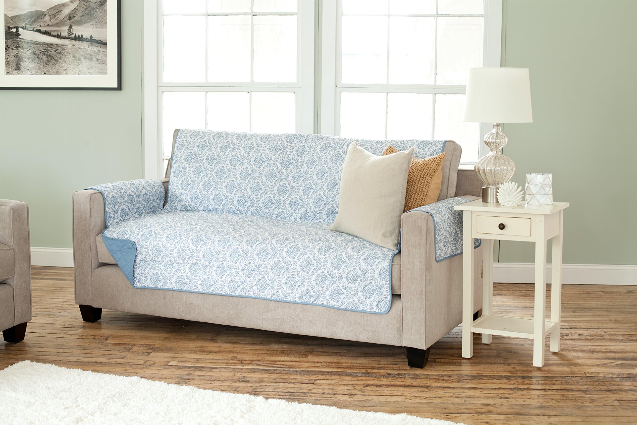 Luxe Collection Deluxe Reversible Quilted Furniture Protector. Beautiful Print on One Side / Solid Color on the Other for Two Fresh Looks. By Home Fashion Designs. (Sofa, Harbor Blue)