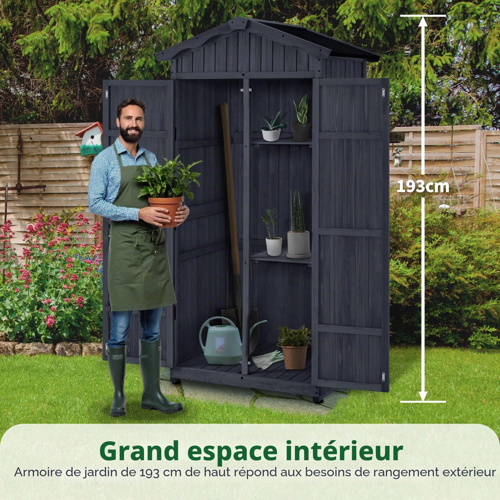 M MCombo Armoire de Jardin Abri de Jardin en Bois résistant aux intempéries, Outdoor Armoire étanche avec Plancher, pour l'extérieur Balcon, 74×99×193 cm (Gris Anthracite)