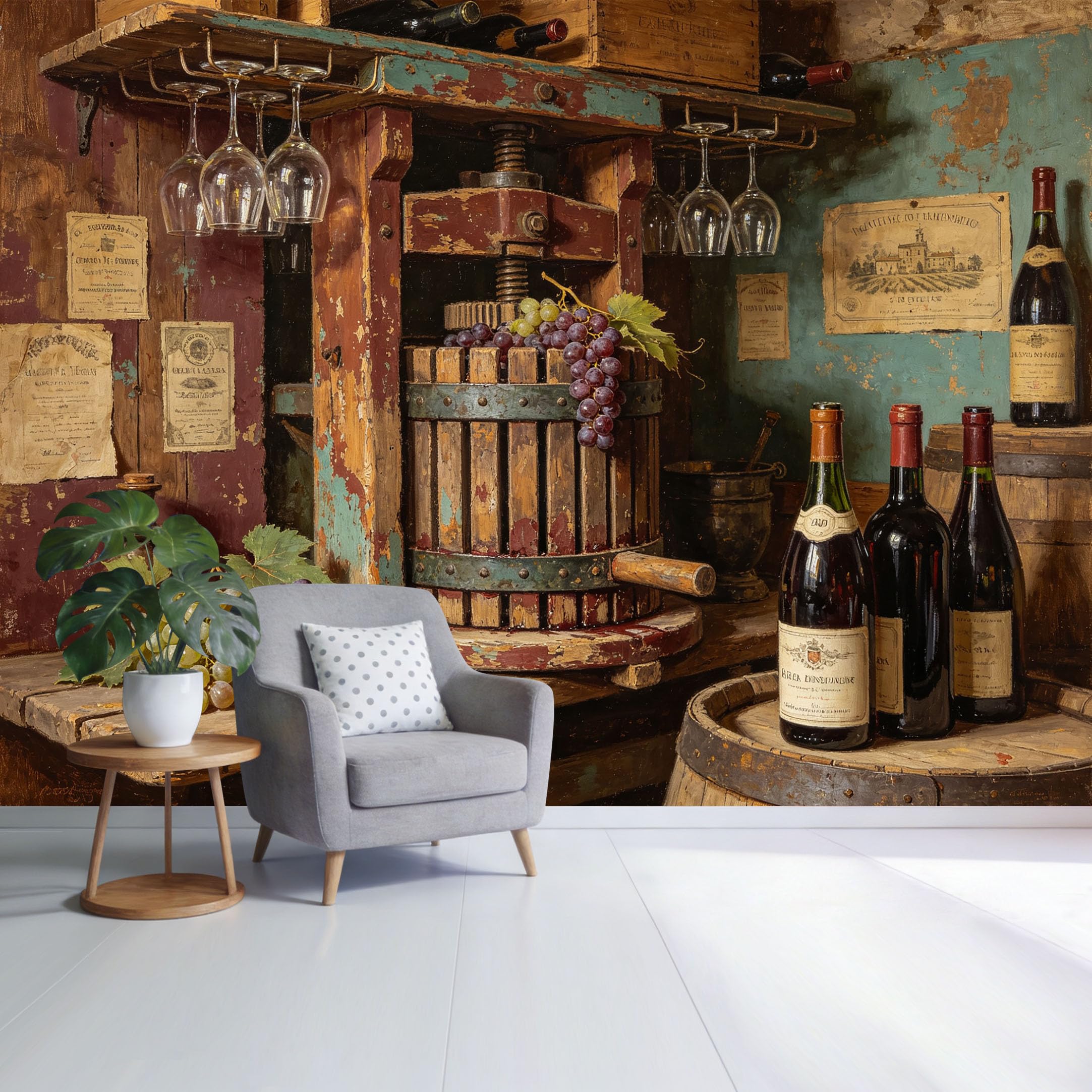 Custom Size Wall Mural Vintage Wine Cellar Rustic Barrel Grapes Bottles Farmhouse Still Life Oil Painting Style SelfAdhesive Wall Fabric Removable Wallpaper for Home Office Decor