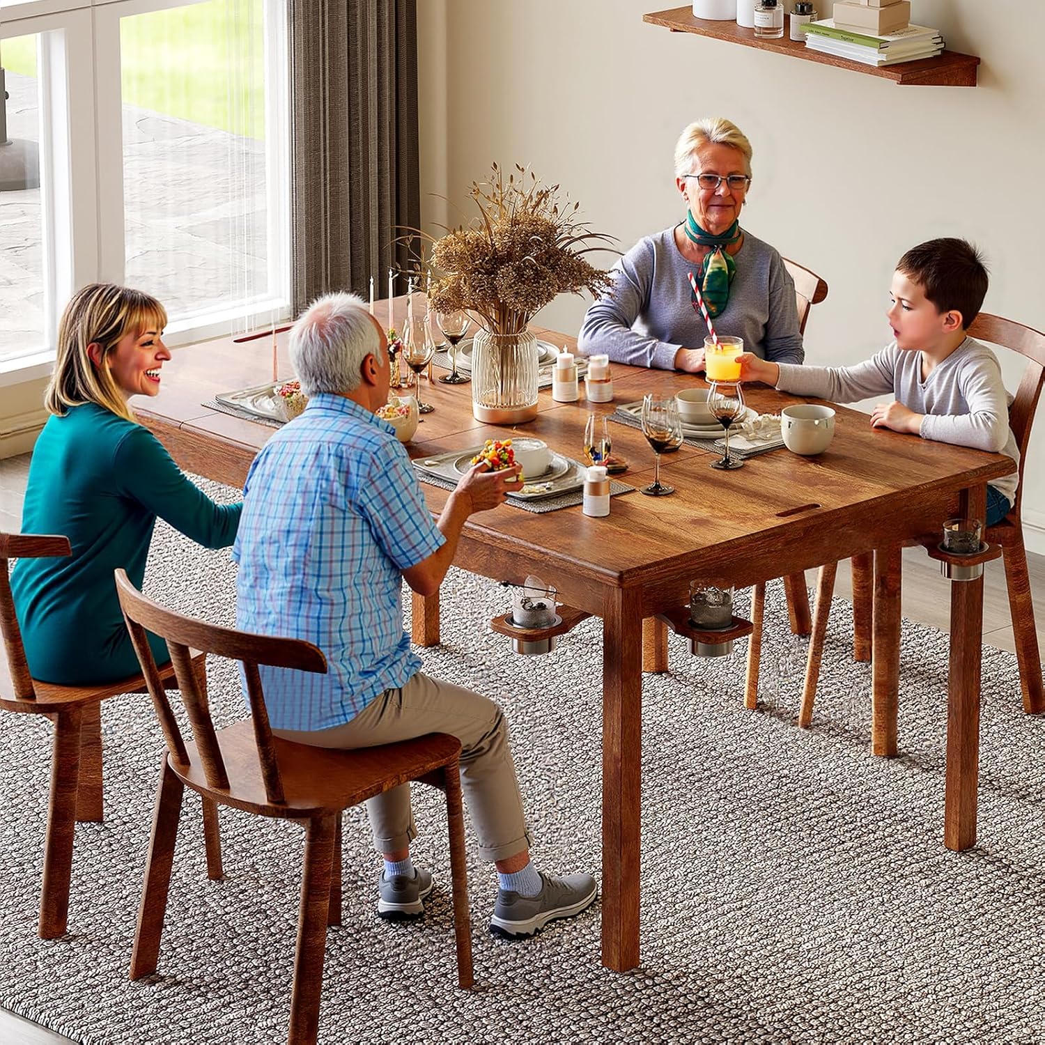 LYNSLIM Board Game Table, 65"x 39" Solid Wood Dining and Gaming Table with Removable Table Top, Seats 4 to 6 Players with 58in x 34in Play Area, Includes Play Mat, Detachable Cup Holders & Trays