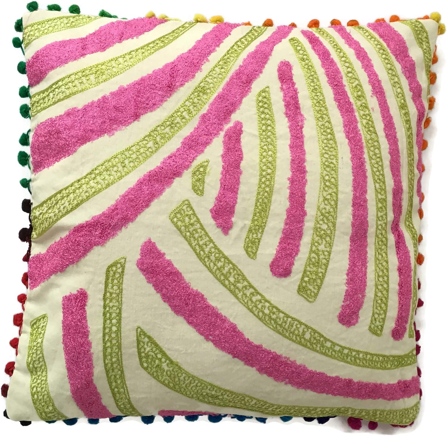 Indian Decorative Sofa Throw Pillowcases 16 x 16 Inch Cotton Terry Weave Embroidered Striped Bohemian Square Couch Cushion Covers (Size - 40x40 cm ; Color: Parrot Green) - Set of 5 Pcs
