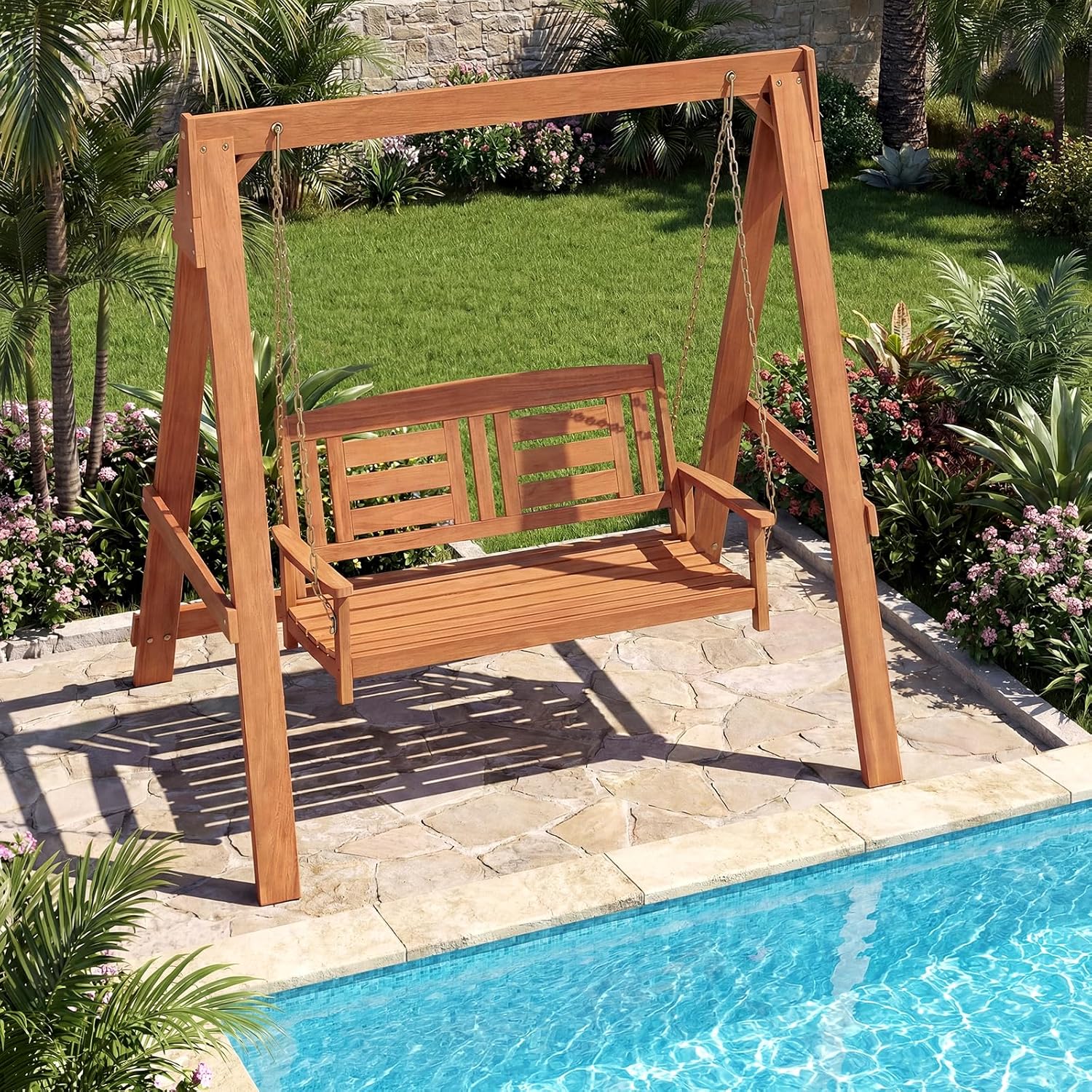 Tangkula 2-Seater Porch Swing with Stand, Hardwood Patio Swing Loveseat Chair with Adjustable Chains, Built-in Backrest & Armrests, Outdoor Swinging Bench Set for Garden, Backyard & Poolside