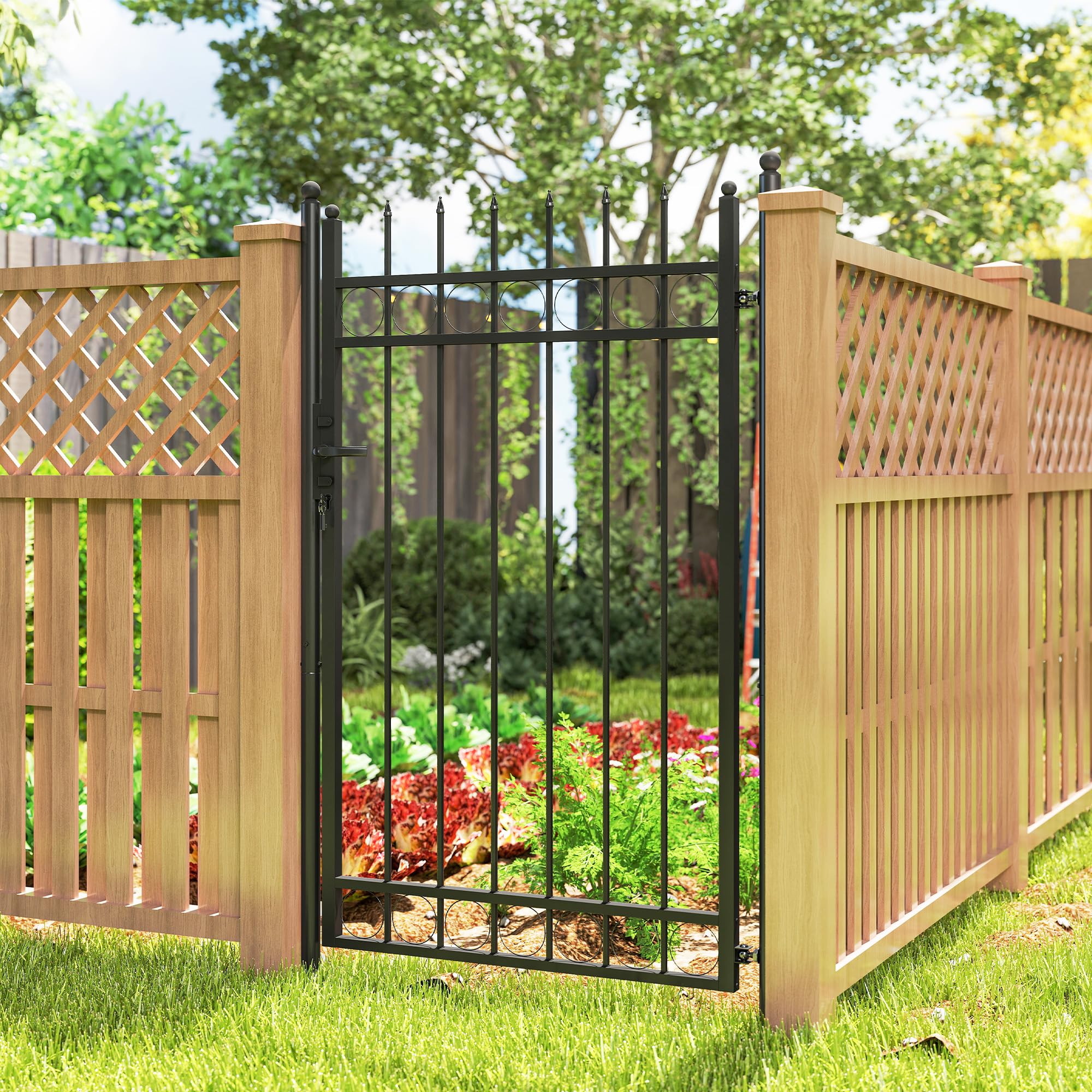 Outsunny Cancello Giardino a 2 Paletti con Maniglia, Lucchetto e 3 Chiavi, Cancello a Esterno in Acciaio Zincato, 105x204 cm, Nero