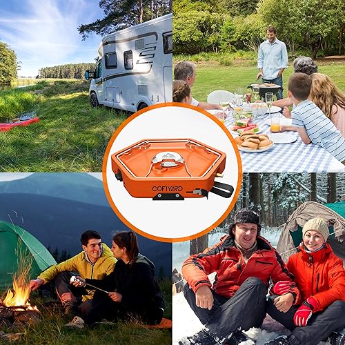 Miniatura 7 de Estufa de propano portátil de 1 quemador con correa de transporte, estufa de campamento para mochileros para cocinar al aire libre, encendido estilo