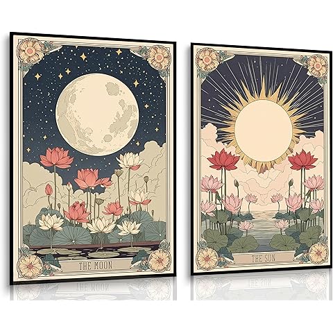 2Pcs Tarot Card Canvas Wall Art Moon Sun Flowers Mystical Astrology Posters Print Boho Vintage Pictures Wall Decor for Bedroom Bathroom Living Room Home Decoration Unframed