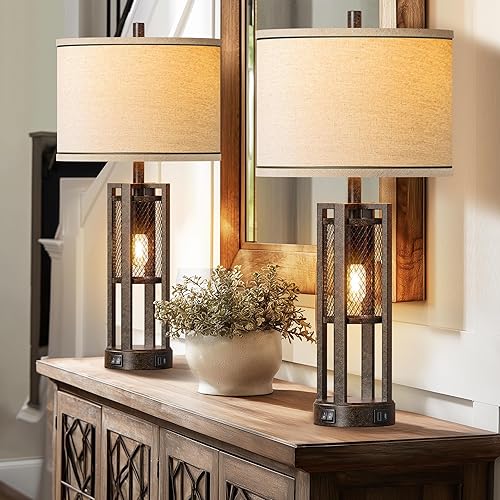 Miniatura 8 de Juego de 2 lámparas de mesa industriales de granja de 28 pulgadas - Lámparas rústicas de mesita de noche con puertos USB A+C duales, lámparas de