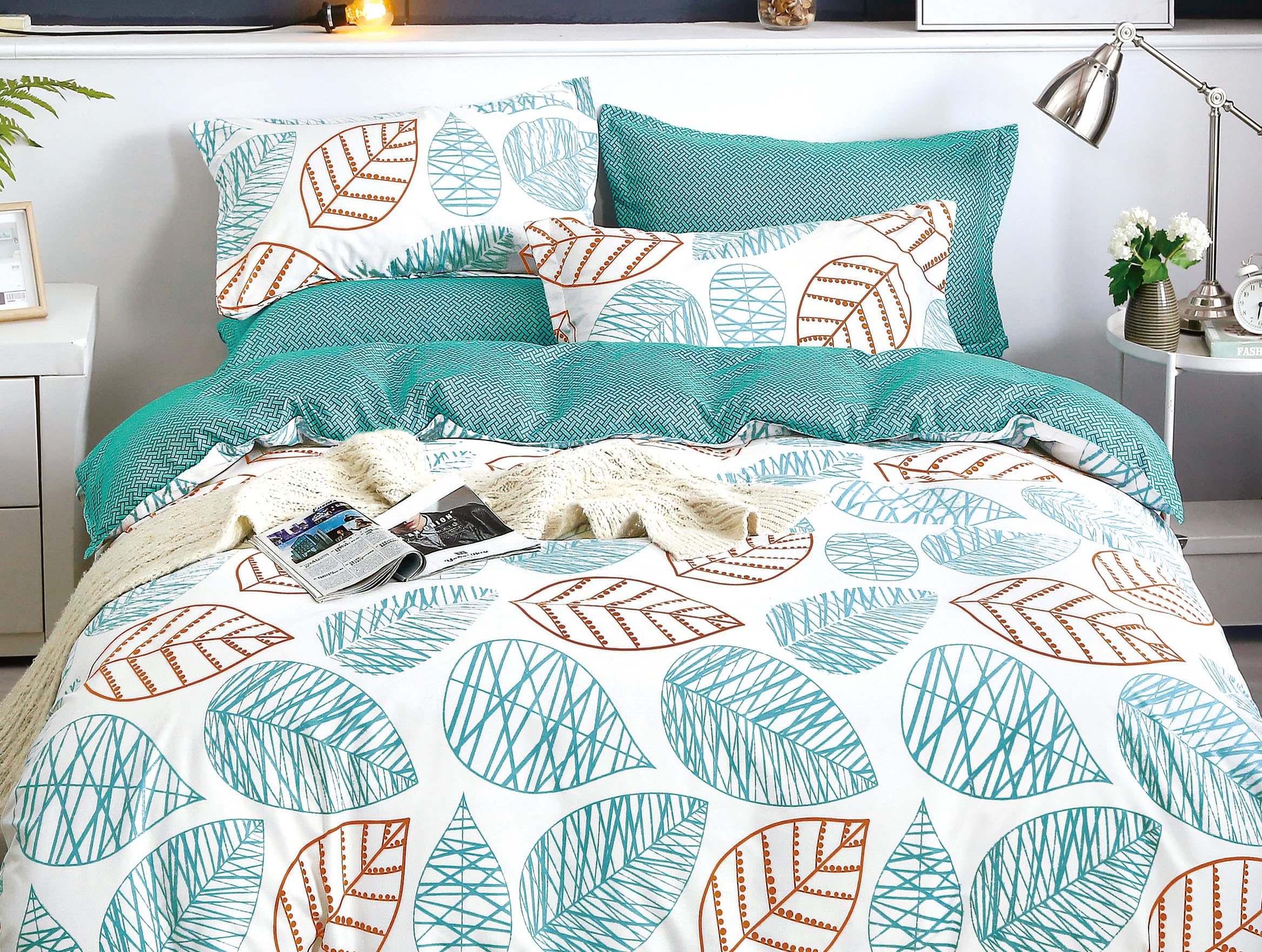Juego de Funda Nórdica 4 Piezas Cama 150 Microfibra Extra Suave Transpirable - 1 Funda Edredón 240x220 cm, 1 Bajera 150x200+28 cm y 2 Fundas de Almohada 50x90 cm (Hojas Turquesas)
