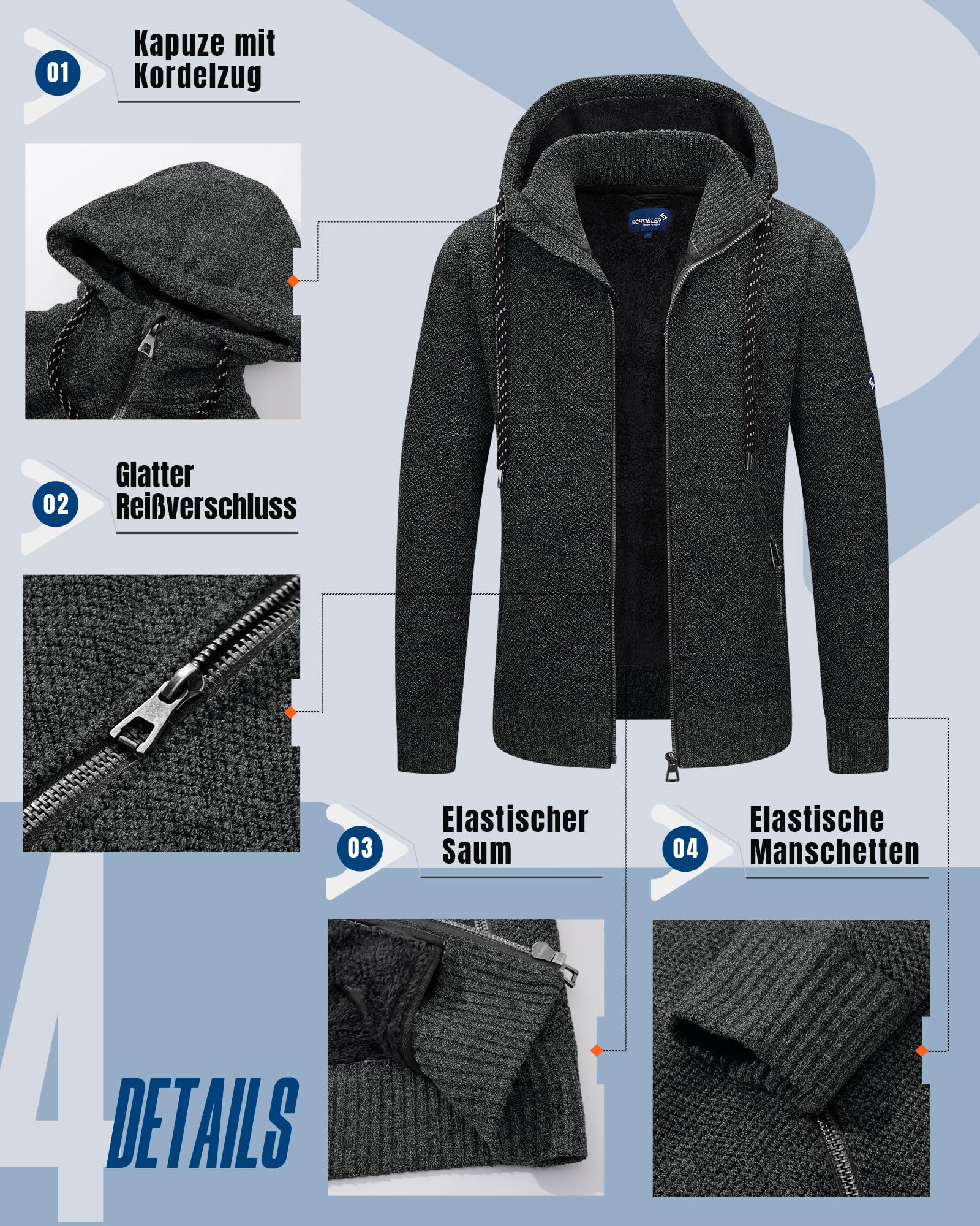 Scheibler Arbeitsjacke Herren Winter - gefütterte Arbeitskleidung Männer - Workwear Herren Strickjacke mit Reissverschluss - Strick-Winterarbeitsjacken Herren mit Kapuze