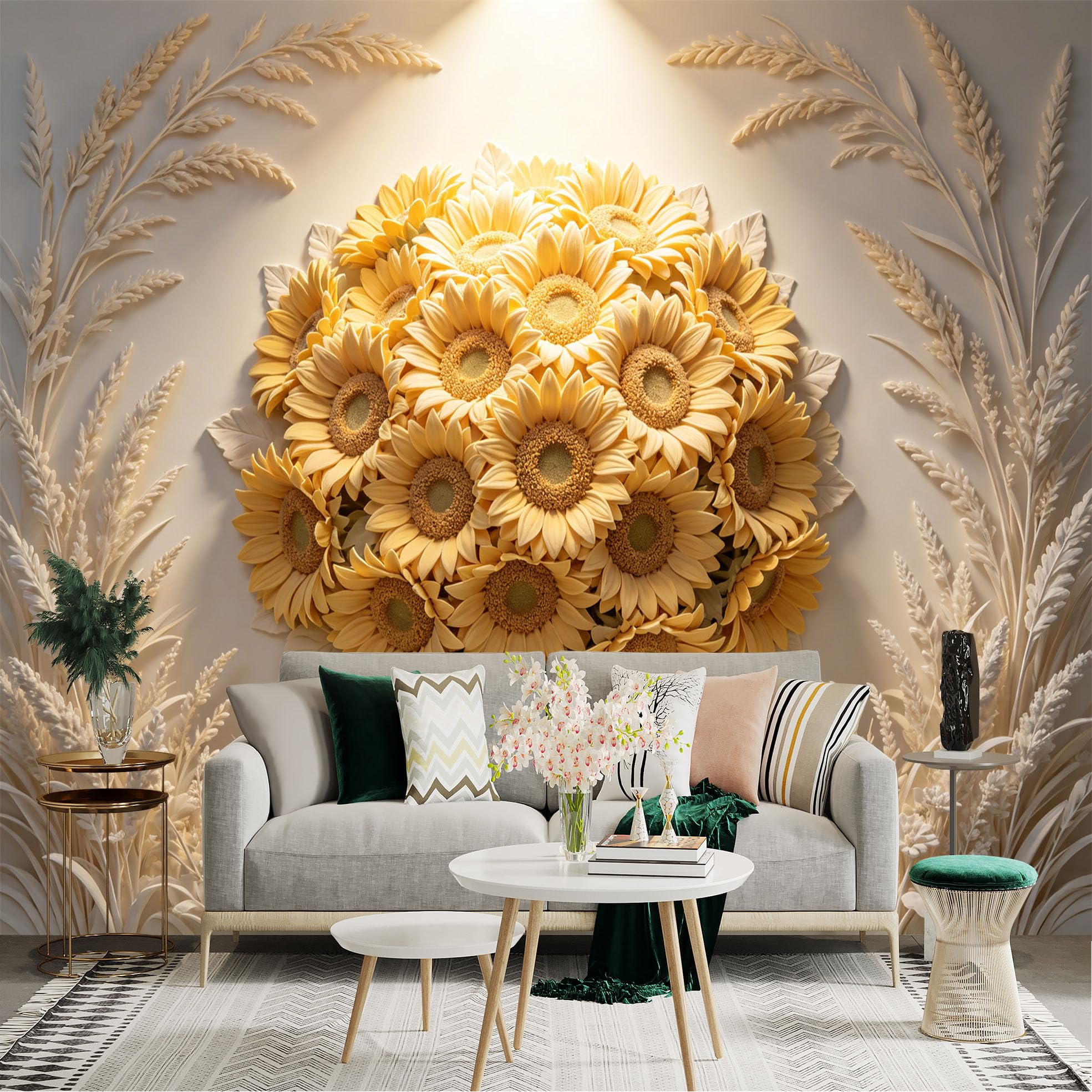 Lnzczhyre Dbh260521898 Custom Size Wall Sticker Mural， Elegant Sunflower Bouquet， Creamy Beige Floral Texture， Botanical Wall Art， Minimalist Warm Tones， For Wall Decoration， Peelandstick Wall Decals.