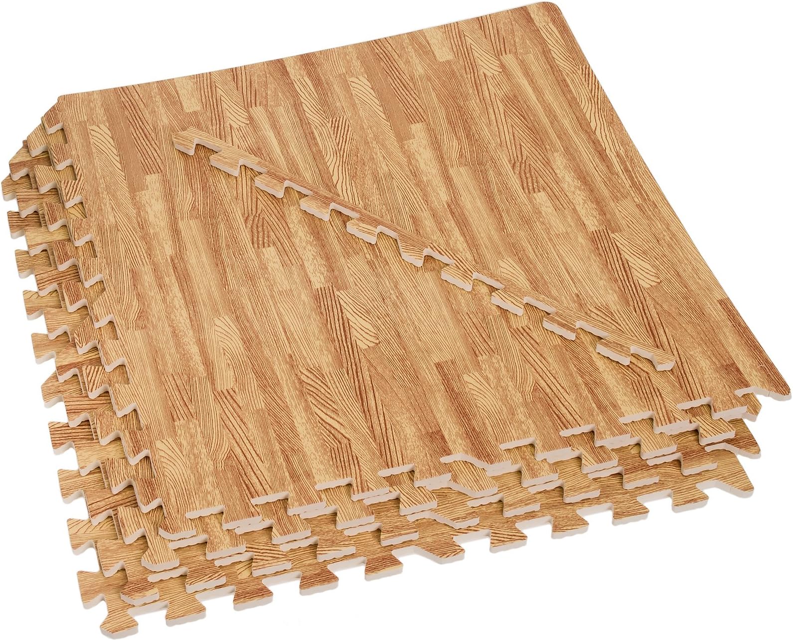 EVA Foam Exercise Mats - 64 Sq Ft Wood Grain Gym Floor Interlocking Mats (Light)