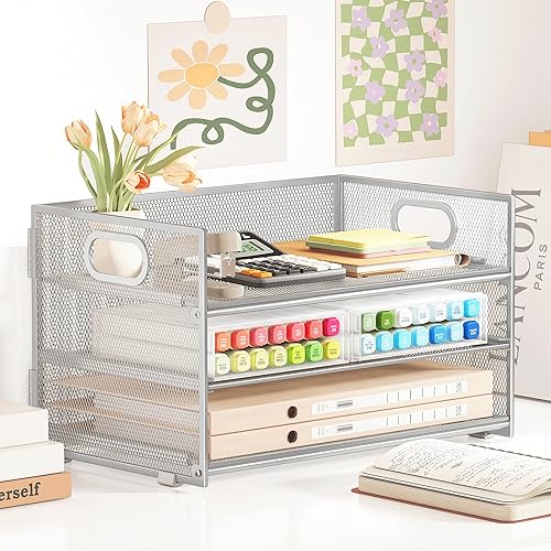 Miniatura 4 de Subekyu Organizador de escritorio de papel de 3 niveles con asa y 1 bandeja deslizable para cartas, clasificador de carpetas de archivos de papel