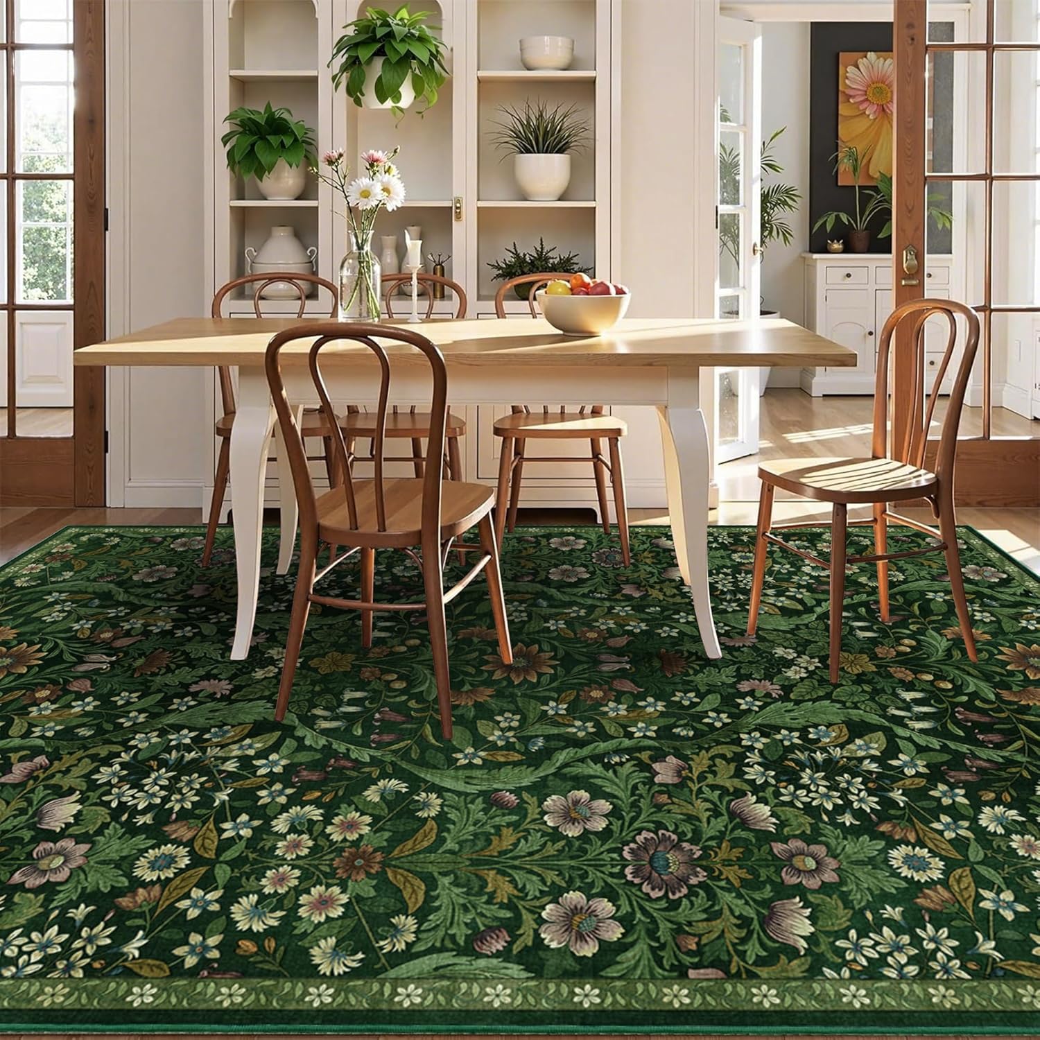 5×7 Dark Green Washable Floral Area Rug,Vintage Boho Soft Low-Pile Living Room Rugs, Stain Resistant Botanical Non-Slip Carpet for Bedroom,Dining Room, Kids Nursery,Home Decor - Image 4