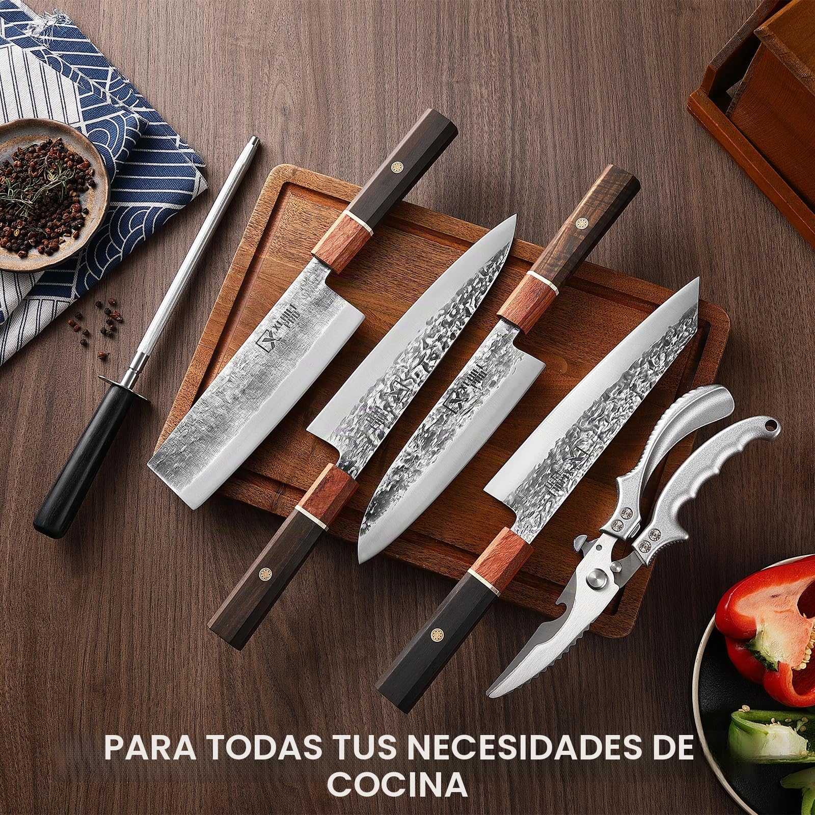 Juego de 4 cuchillos de cocina japoneses de acero al carbono | Juego de cuchillos de cocina que incluye cuchillo Kiritsuke/Gyutou/Santoku/Nakiri, con tijeras para aves/bolsa de transporte
