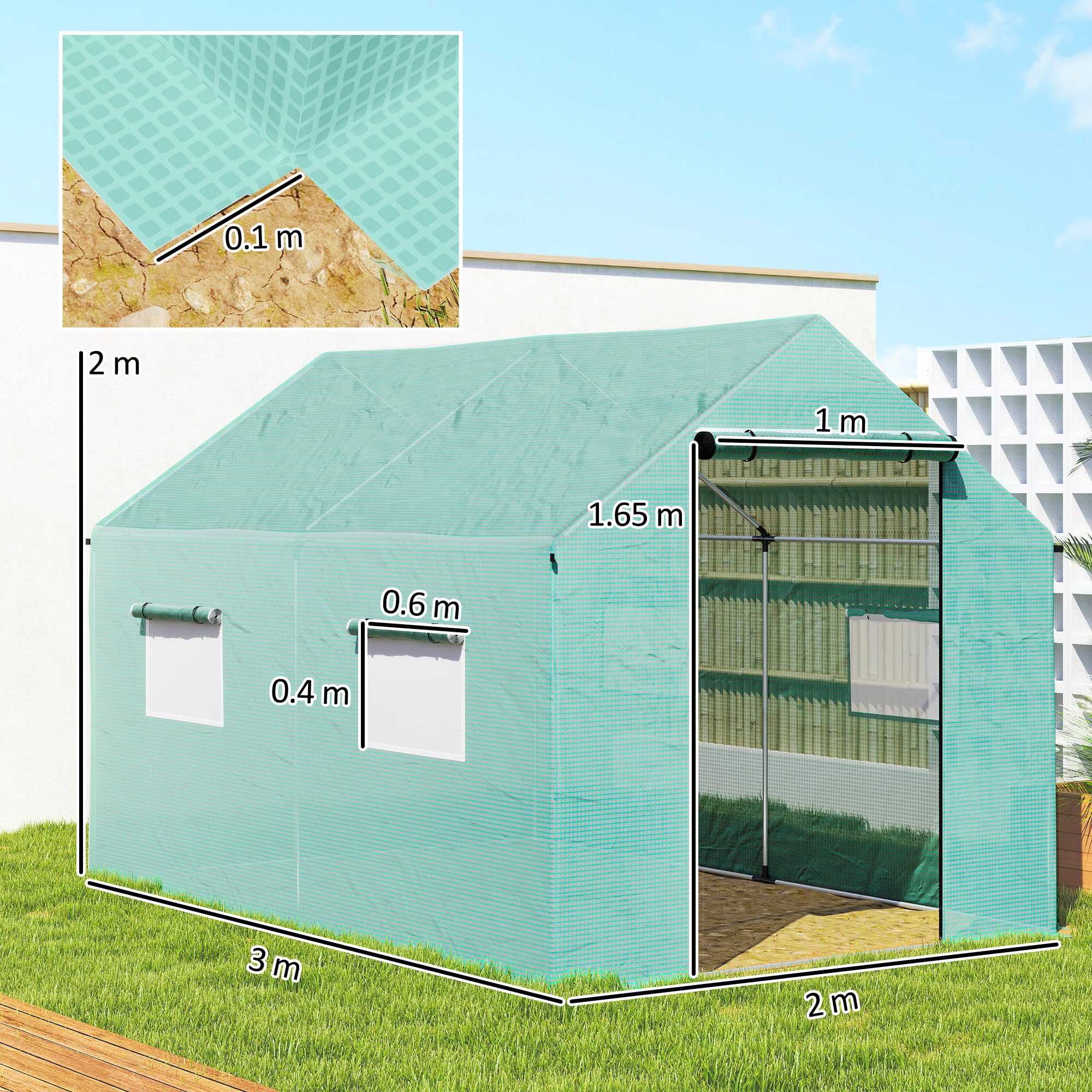 Outsunny Serra da Giardino a Tunnel 2x3x2 m con Porte e Finestre Avvolgibili, Serra per Orto con Tetto a Punta, Struttura in Acciaio e Copertura PE, per Orto Verdure Fiori Frutta, Anti UV, Verde