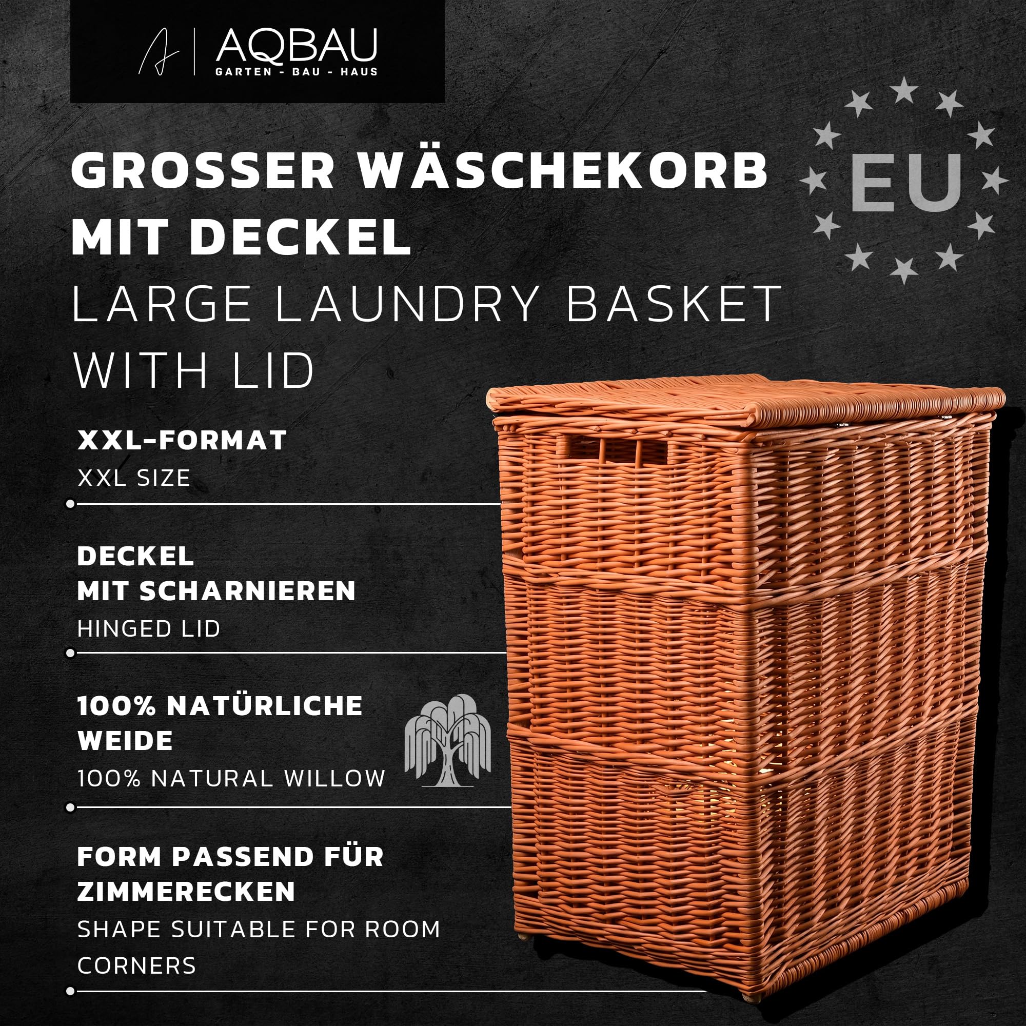 Wäschekorb aus Weide mit Deckel 63x48x38 cm eckig XXL | Natürliche Weide, großes XXL Format, Deckel, eckige Form für Bad, Schlafzimmer und Hauswirtschaftsraum