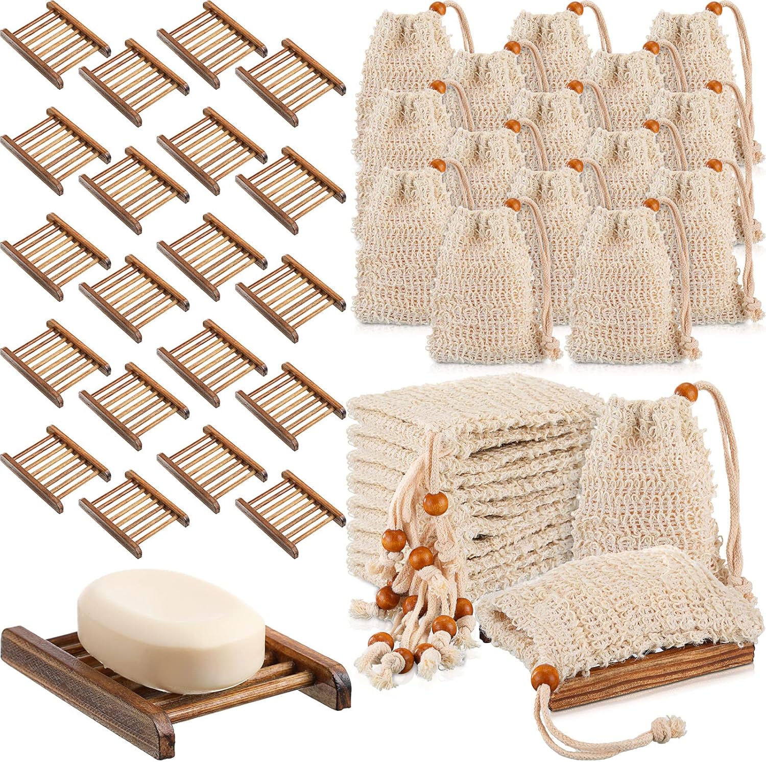 Soap Exfoliating Bag Holder Set Included Bathroom Wooden Soap Dish Pine Wood Soap Holder Tray Natural Bar Soap Pouch Mesh Bath Soap Saver Bag Container (Carbonized Color, 40 Pcs)