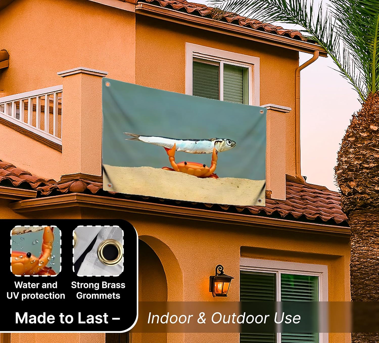 3x5 Feet Meme Flag with Сrab Holds Fish with Four Brass Grommets - Single Sided Cool Funny Tapestry for Bedroom Decor Man Cave Style - Polyester Funny Tapestries College Room Decor for Girls and Guys - Image 4